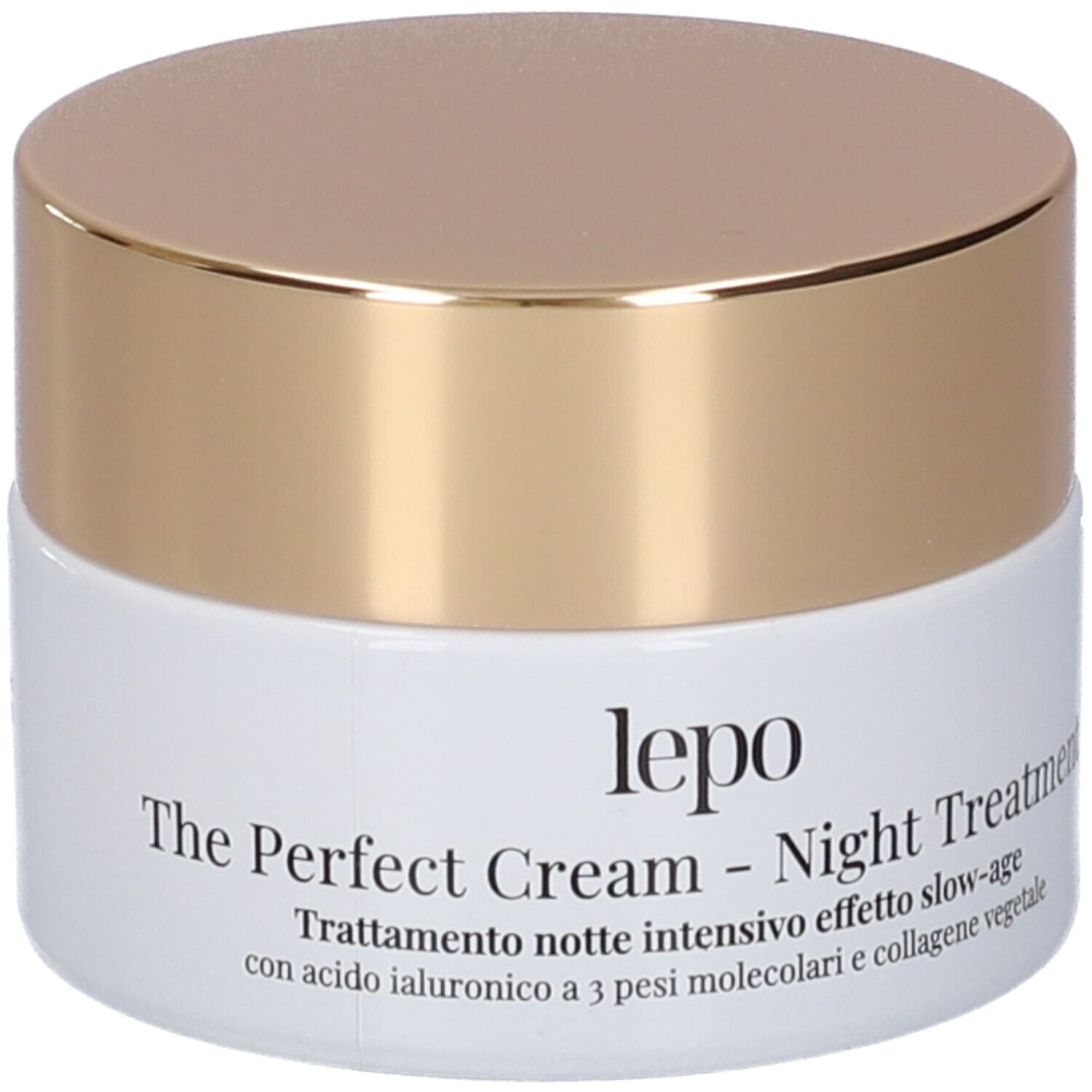 Vaso di crema con coperchio dorato. Scritta: lepo, The Perfect Cream - Night Treatment. Testo in italiano.