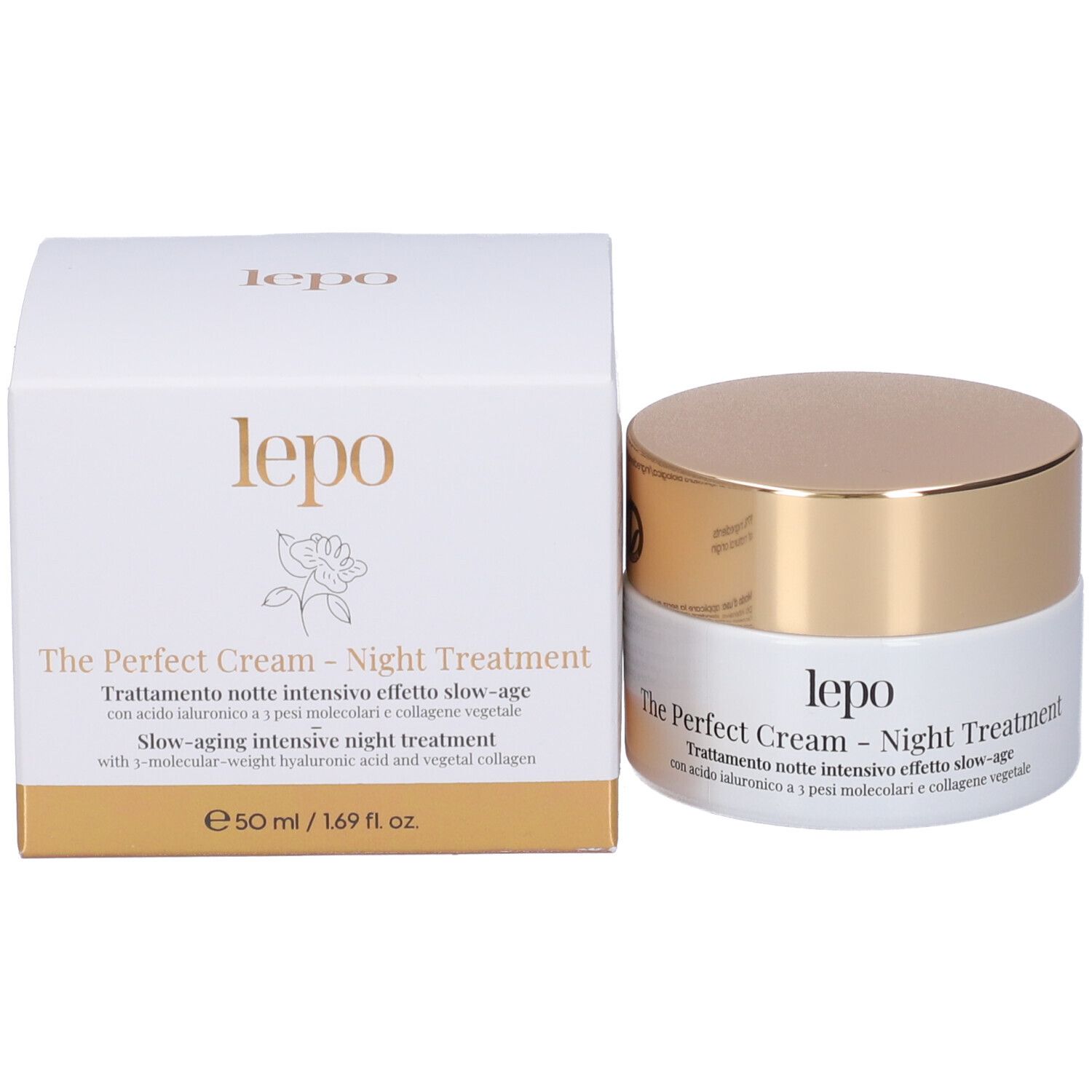 Vaso di crema e confezione. Scritta: lepo, The Perfect Cream - Night Treatment. Accenti dorati.