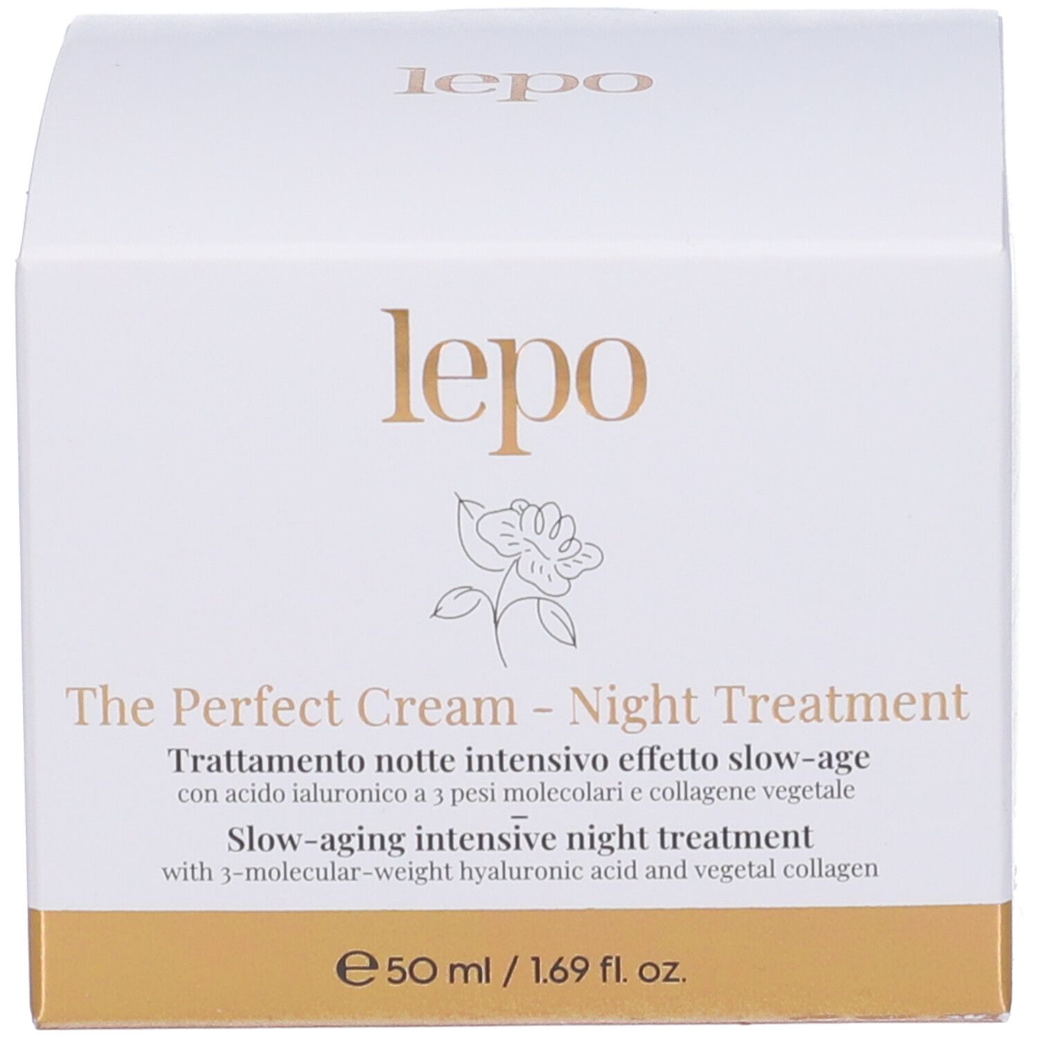 Confezione. Scritta: lepo, The Perfect Cream - Night Treatment. Testo in italiano. Accenti dorati.