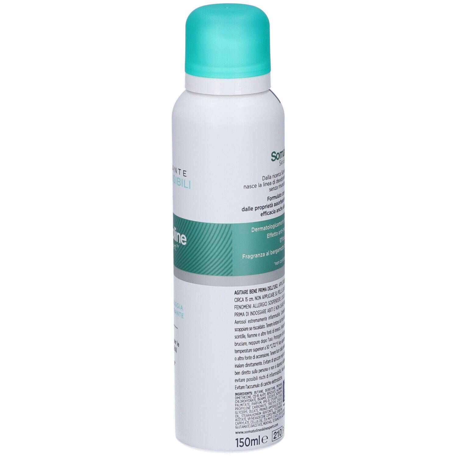 Bomboletta spray bianca con tappo turchese. Etichettatura in italiano, 150ml.