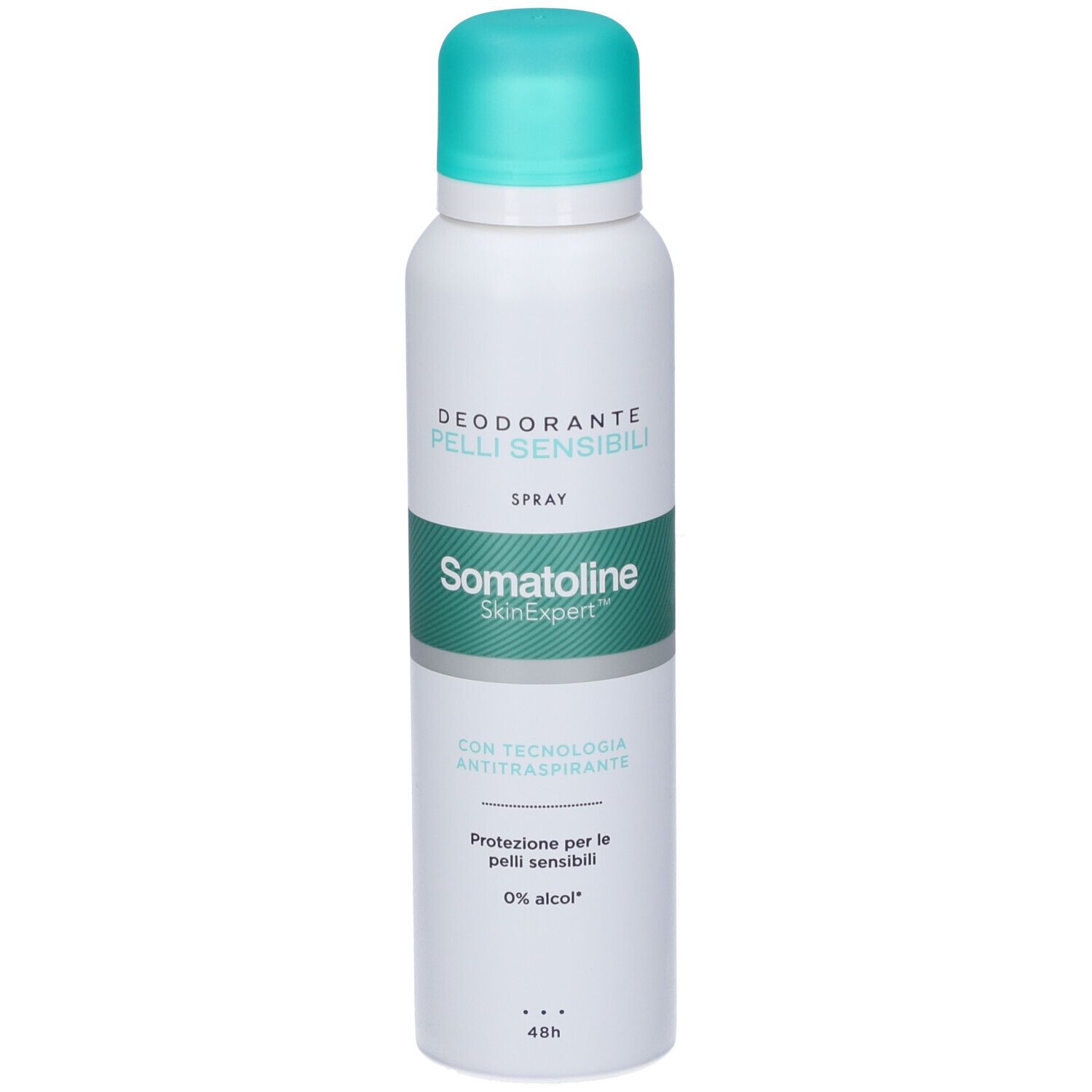 Bomboletta spray bianca con tappo turchese. Etichetta: Somatoline SkinExpert, Deodorante Pelli Sensibili, 0% alcool.