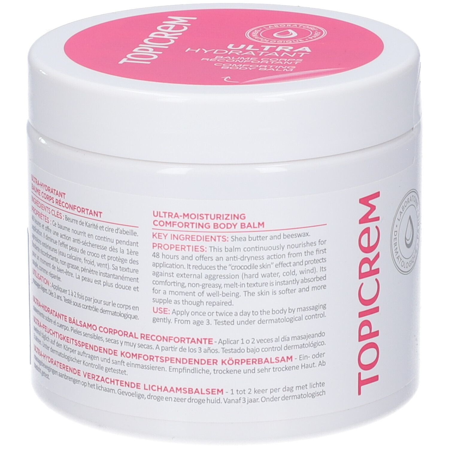 Weißer Tiegel mit rosa Deckel. Aufschrift TOPICREM. Text: Ultra-Hydratant Baume Corps Riconfortant. Inhaltsstoffe.