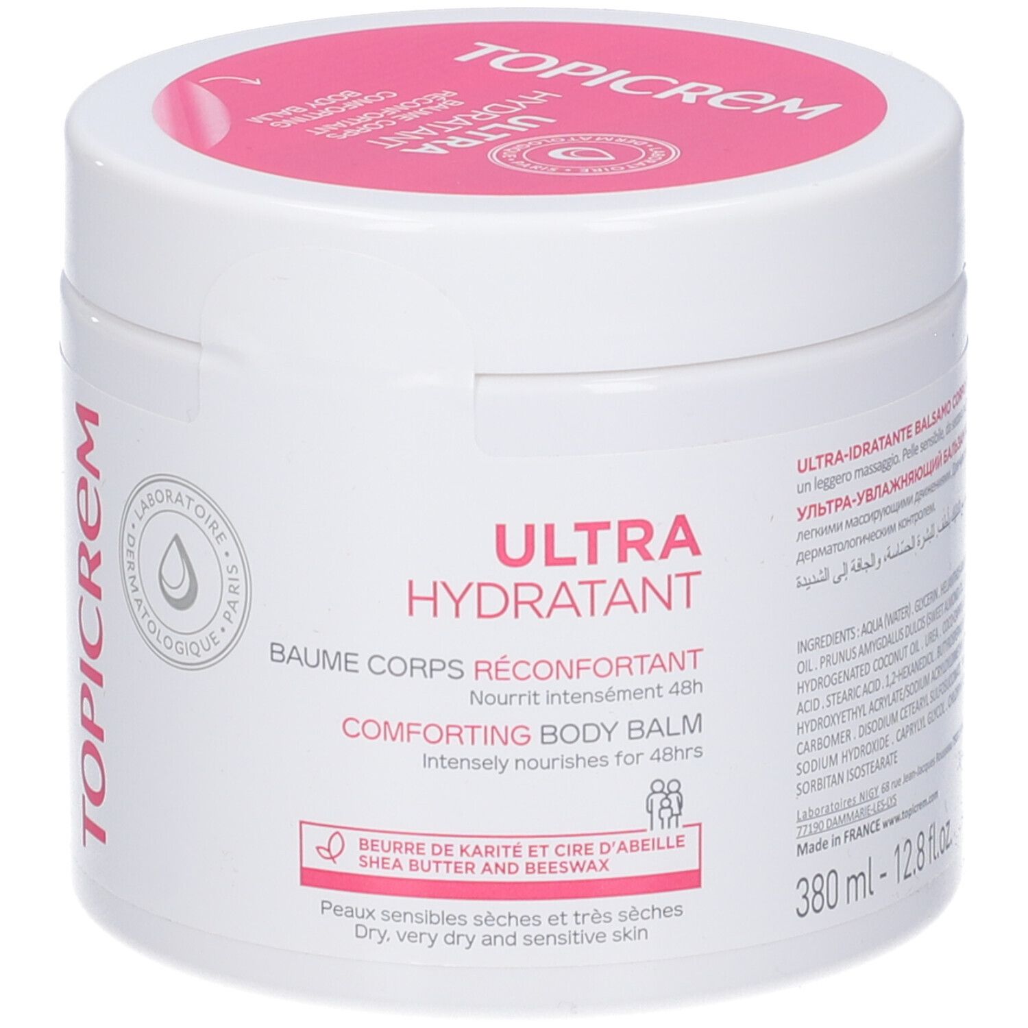 Weißer Tiegel mit rosa Deckel. Aufschrift TOPICREM und ULTRA HYDRATANT. Text: Baume Corps Riconfortant. 380 ml.