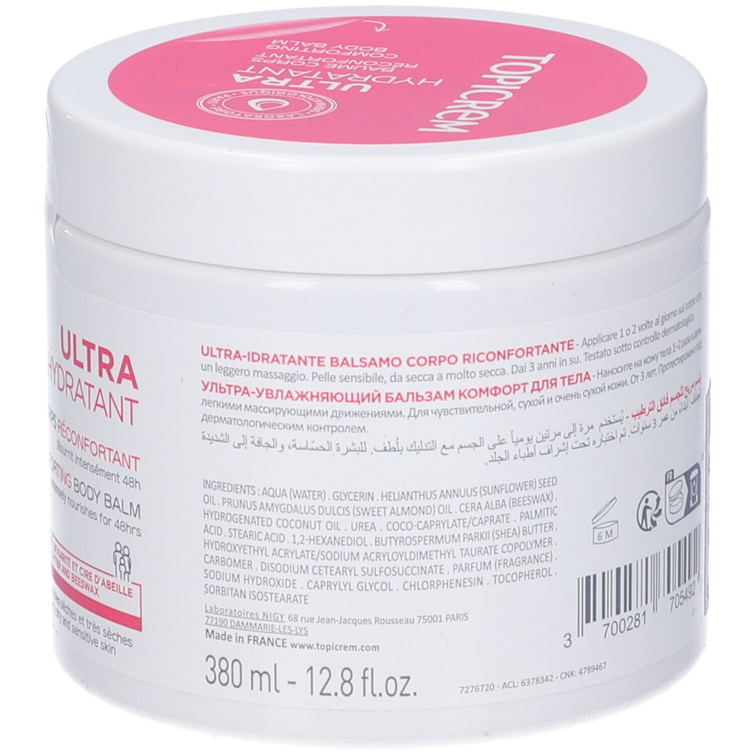 Weißer Tiegel mit rosa Deckel. Aufschrift TOPICREM. Text: Ultra-Hydratant Baume Corps Riconfortant. Inhaltsstoffe. 380 ml.