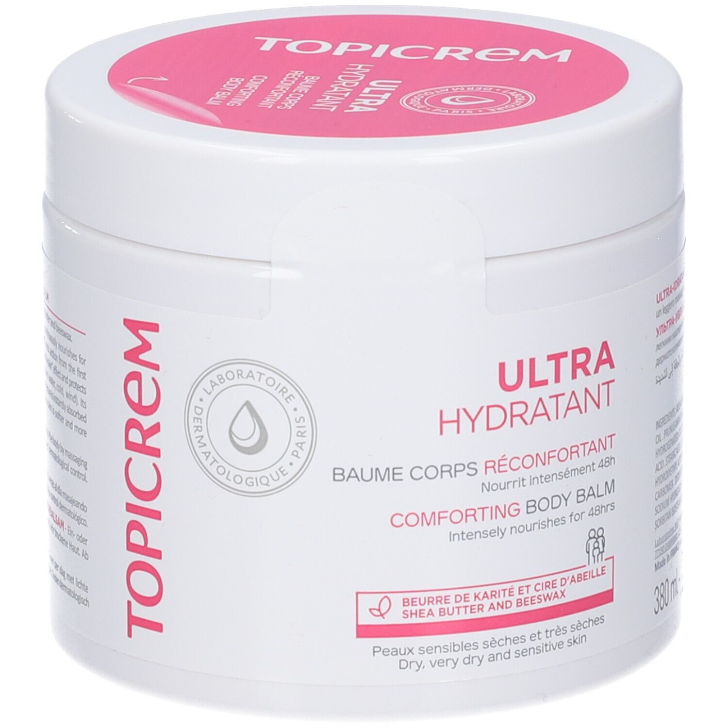 Weißer Tiegel mit rosa Deckel. Aufschrift TOPICREM und ULTRA HYDRATANT. Text: Baume Corps Riconfortant. 380 ml.