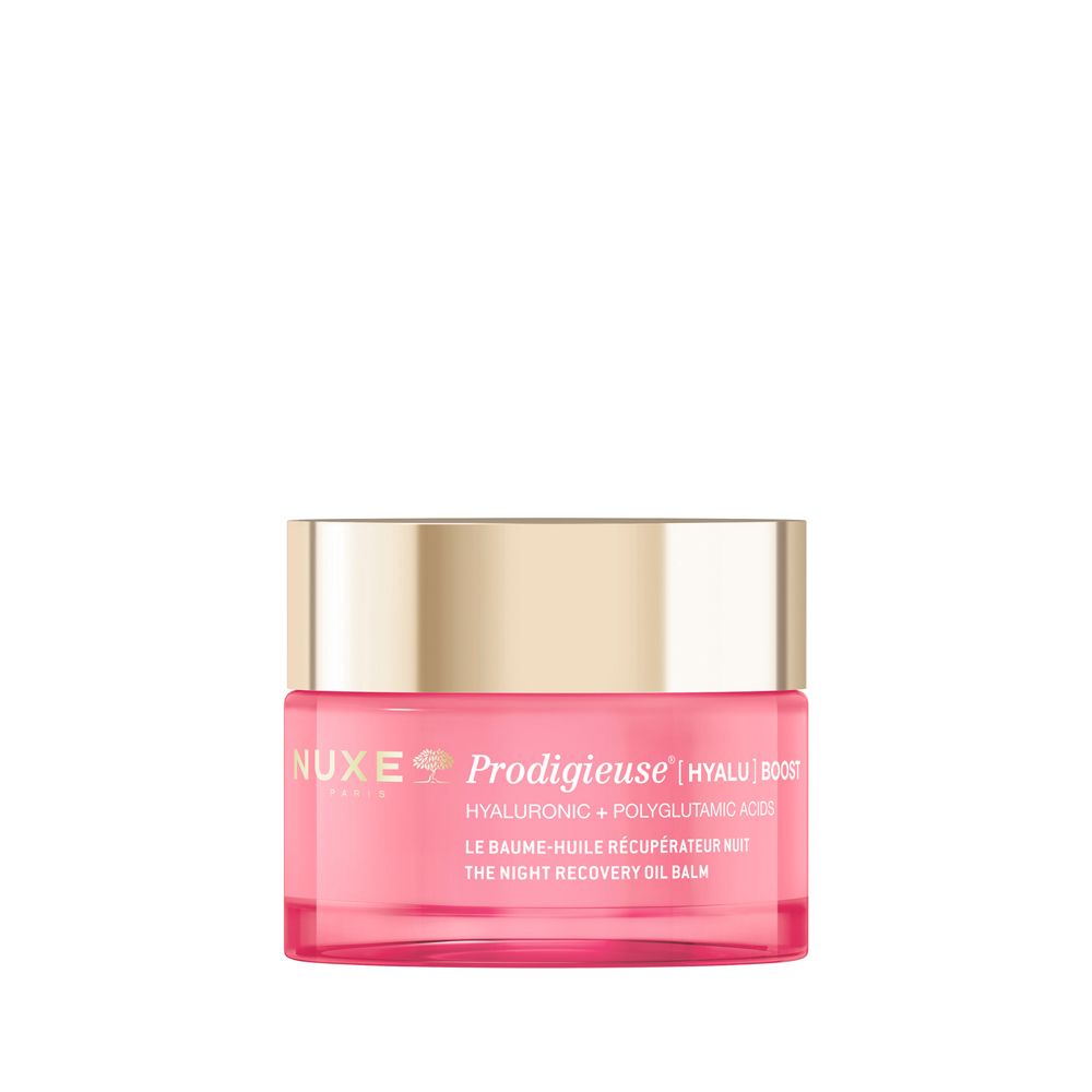 Vasetto rosa con coperchio dorato. Scritta: Nuxe Prodigieuse [Hyalu] Boost Balsamo Olio Notte Riparatore.