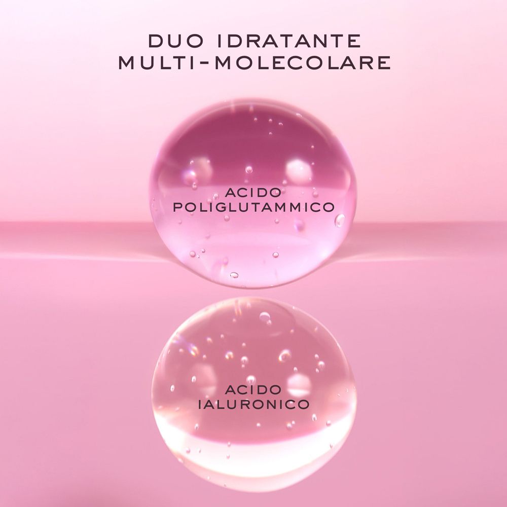 Due sfere trasparenti. Testo: Duo idratante multi-molecolare. Acido poliglutammico, Acido ialuronico.