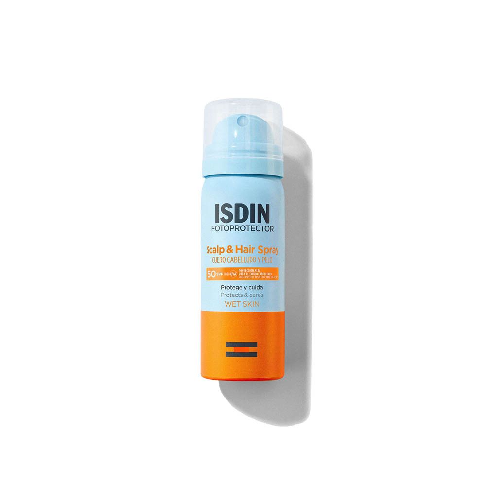 Isdin Fotoprotector Scalp & Hair Spray SPF50, flacone blu e arancione con erogatore spray.