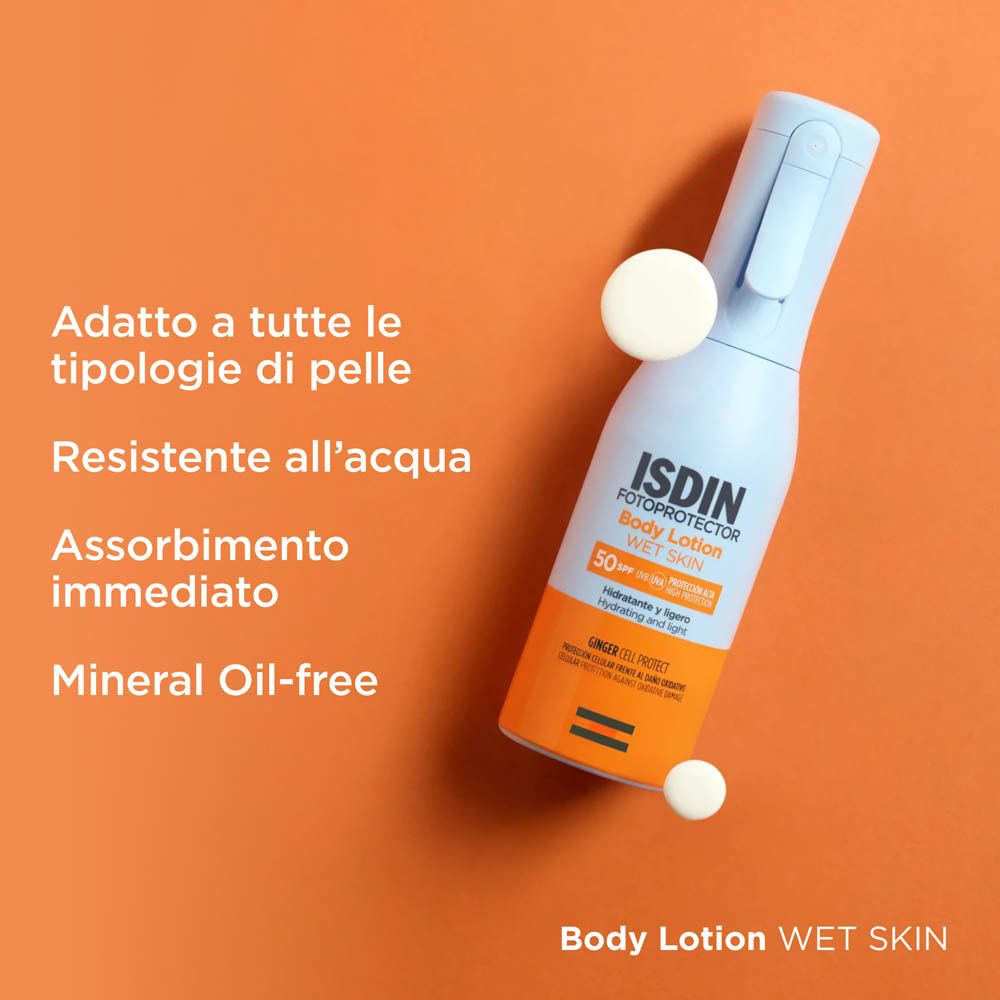 Hellblau-orange Flasche. ISDIN Fotoprotector Body Lotion Wet Skin. SPF 50. Text: Mineral Oil-free.