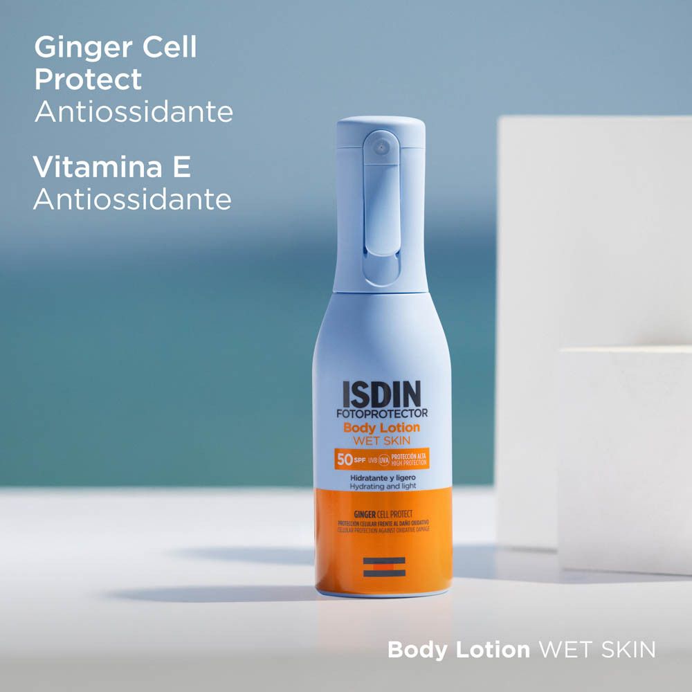Hellblau-orange Flasche. ISDIN Fotoprotector Body Lotion Wet Skin. SPF 50. Text: Ginger Cell Protect.