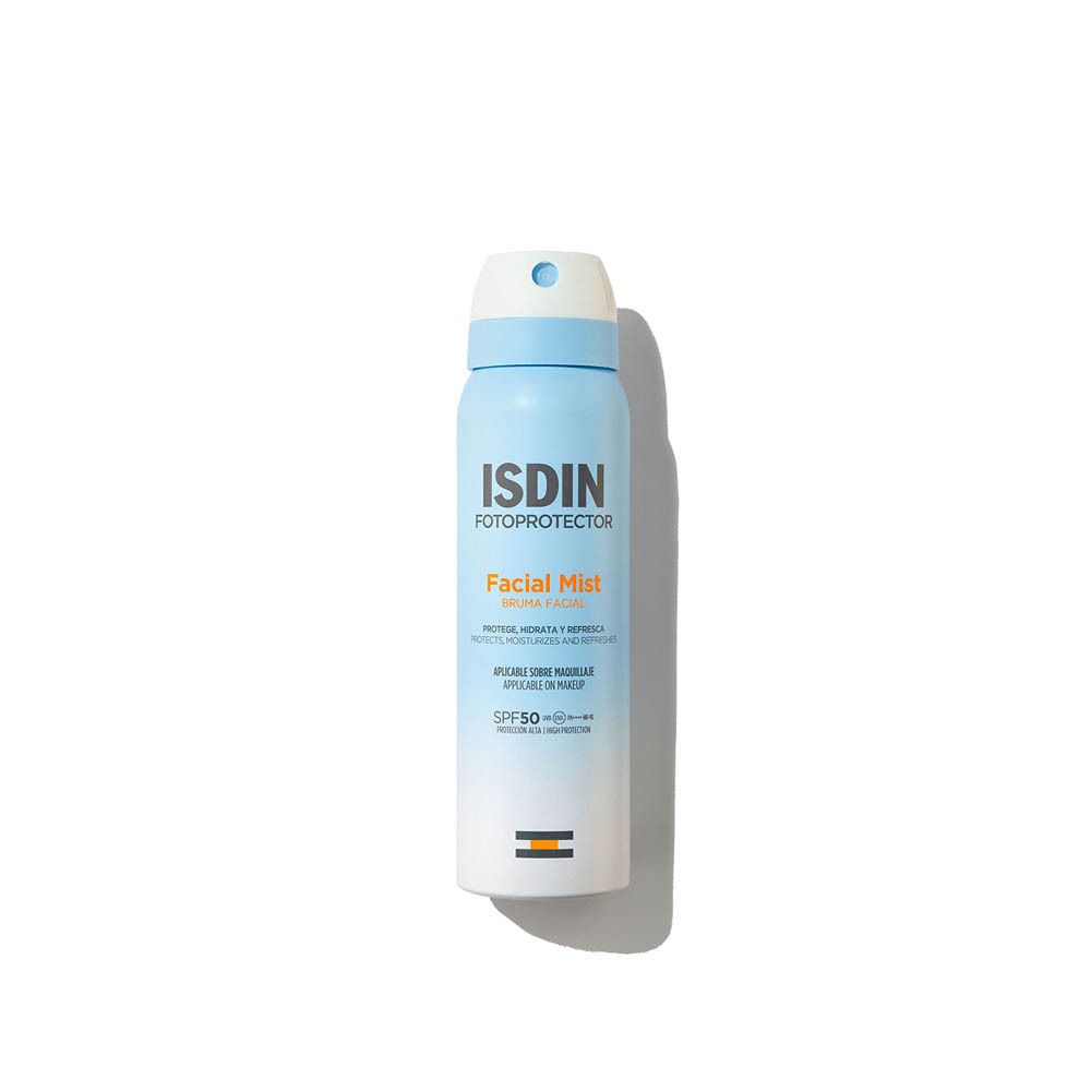 ISDIN Fotoprotector Bruma Viso SPF 50. Flacone spray blu e bianco. Nome del prodotto e SPF 50 visibili.