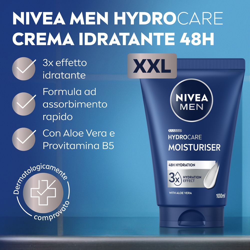 Blaue Tube NIVEA MEN HYDRO CARE MOISTURISER. 48h Hydration, 3x Effekt, mit Aloe Vera. Dermatologisch getestet. XXL-Logo.