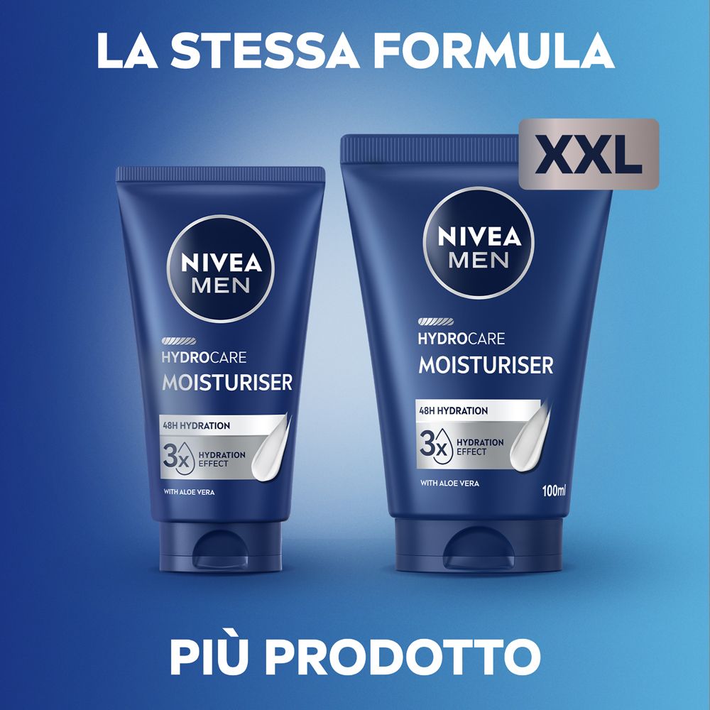 Zwei blaue Tuben NIVEA MEN HYDRO CARE MOISTURISER. XXL-Logo. Eine kleinere und eine größere Tube.