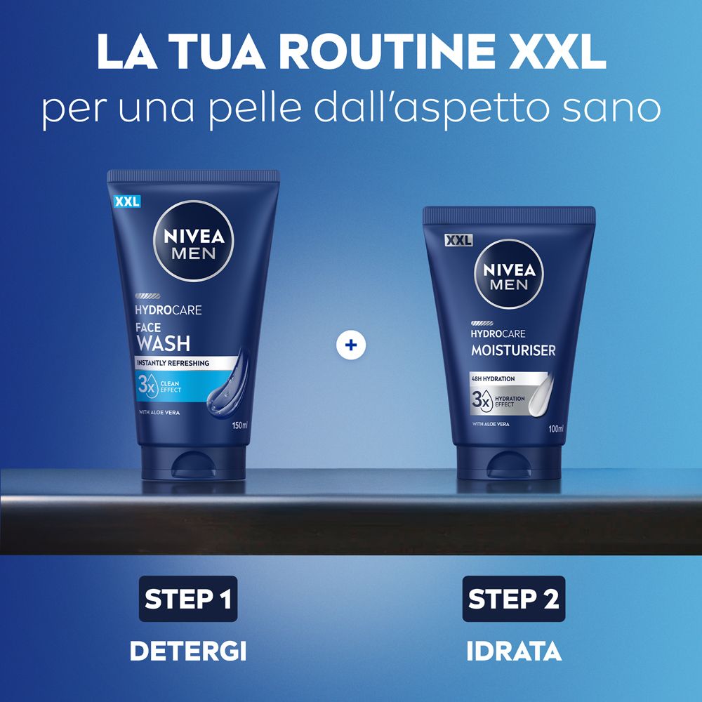 NIVEA MEN HYDRO CARE FACE WASH und MOISTURISER. Blaue Tuben. Schritt 1: Reinigen. Schritt 2: Hydratisieren. XXL-Logo.