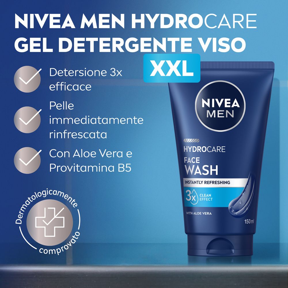 Nivea Men Hydrocare Gel Detergente Viso XXL 150 ml, Detergente viso uomo in maxi formato per 3x detersione efficace, Skincare uomo idratante e rinfrescante con Aloe Vera per tutti i tipi di pelle