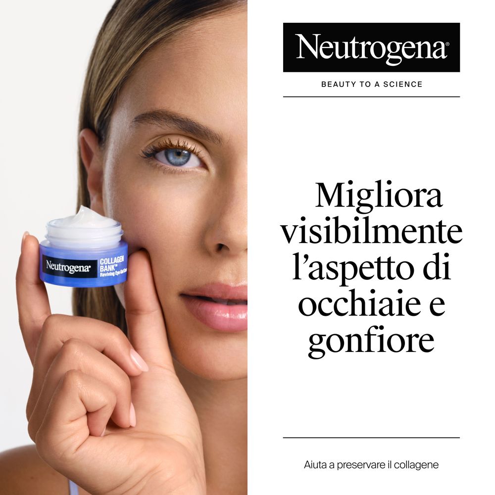 Donna tiene un vasetto di Neutrogena Collagen Bank Reviving Eye Gel Cream.