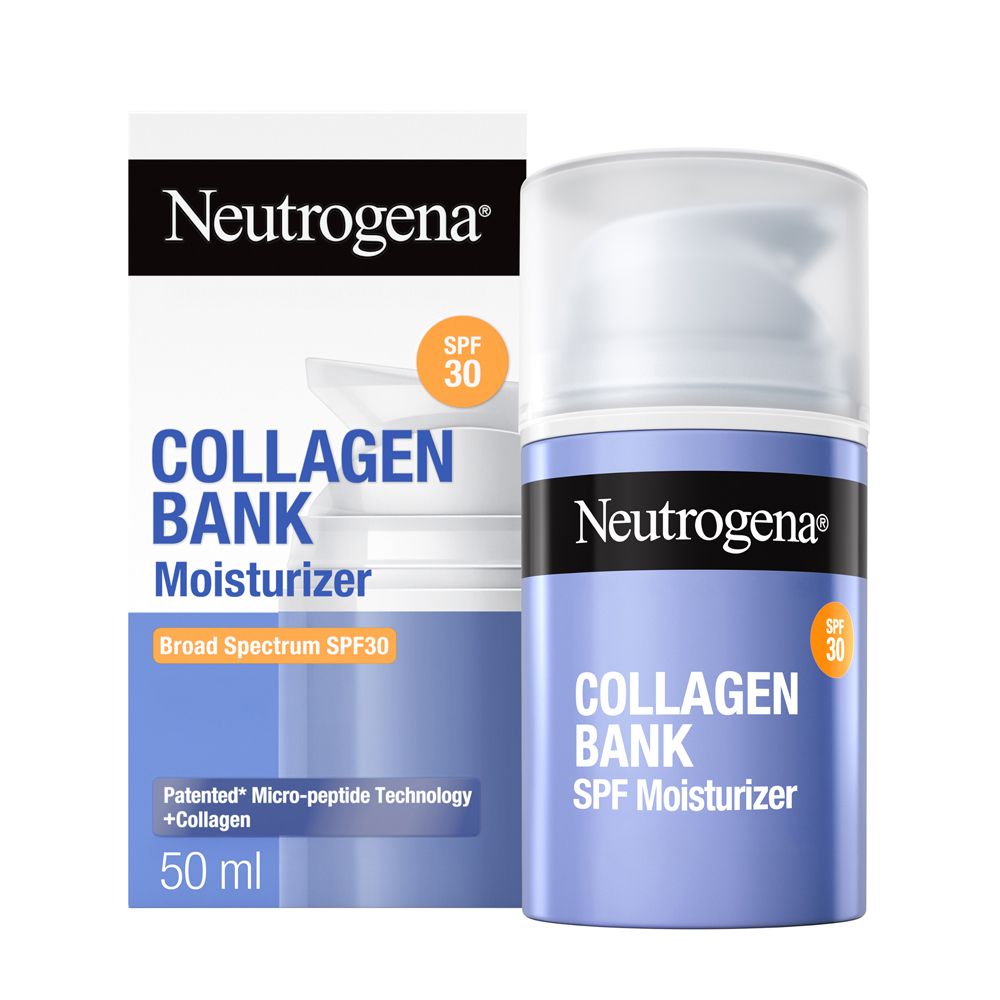 Neutrogena Collagen Bank Moisturizer con SPF 30 nella sua confezione originale.
