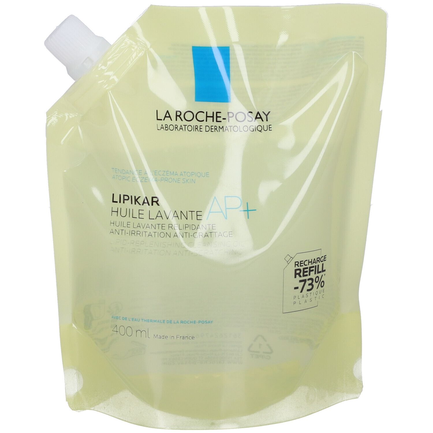 La Roche-Posay Lipikar Huile Lavante AP+ Nachfüllpackung, 400ml. Gelbe Flüssigkeit in transparenter Beutelverpackung mit weißem Ausgießer.