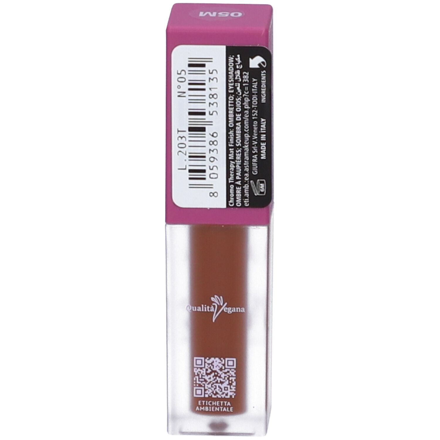 Ombretto liquido marrone in tubetto trasparente con tappo fucsia. Visibile sigillo "Qualità Vegana".