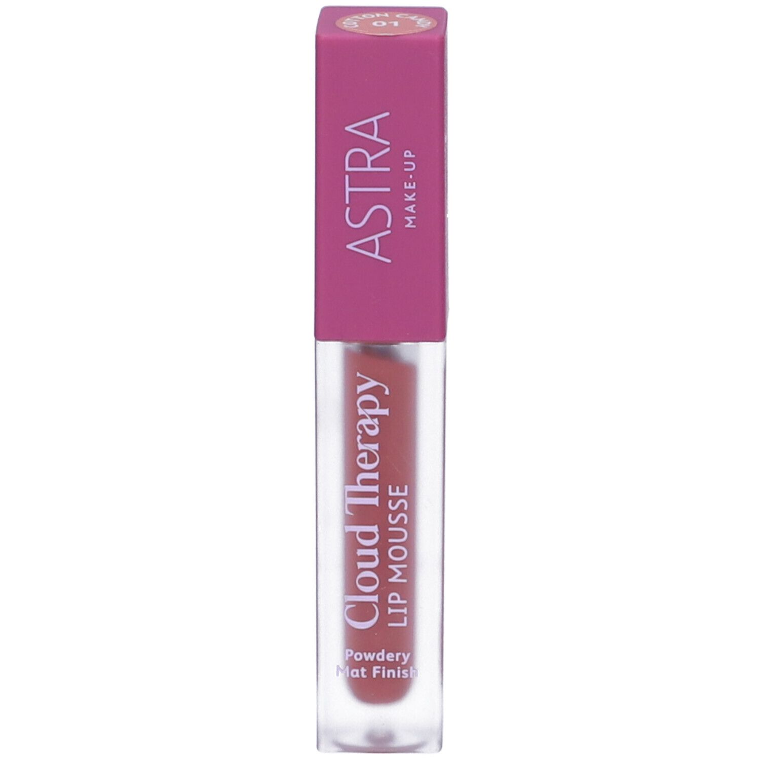 Astra Cloud Therapy Lip Mousse in contenitore trasparente con tappo rosa. Colore: 01.