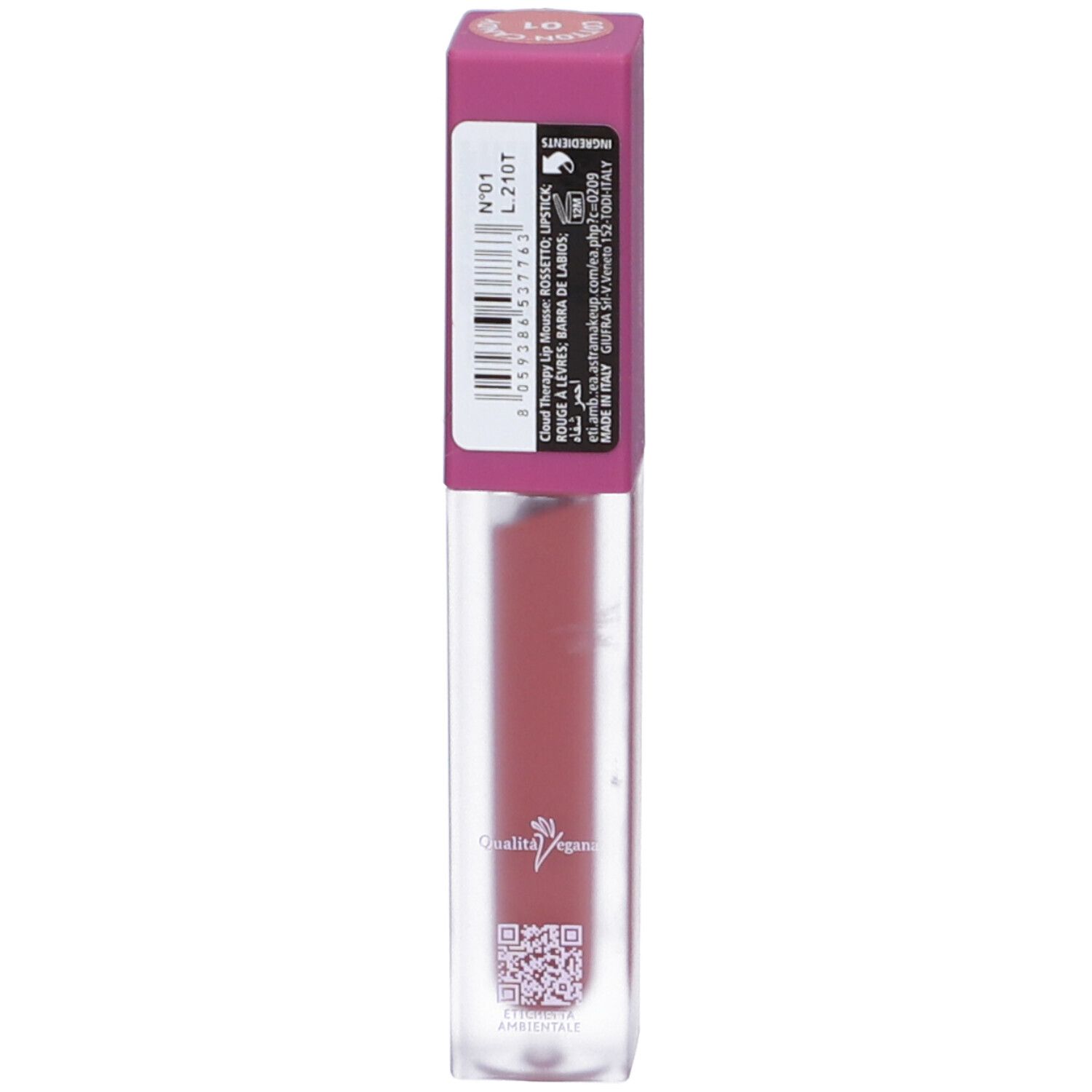 Rossetto liquido in contenitore trasparente con tappo rosa. Colore: Rosa.