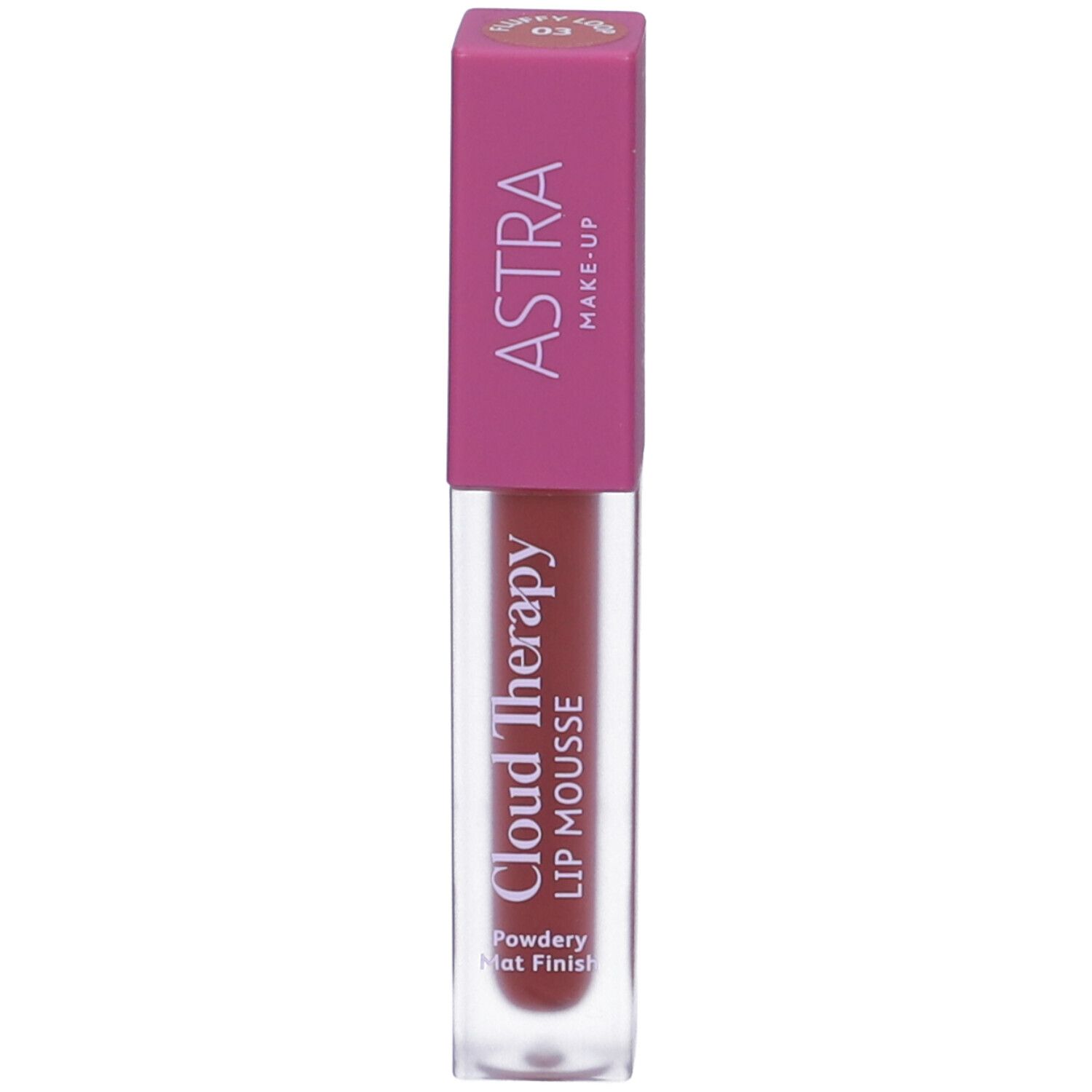 Astra Make-Up Cloud Therapy Lip Mousse in contenitore trasparente con tappo rosa. Colore: rosso-marrone. Finitura: opaca polverosa.