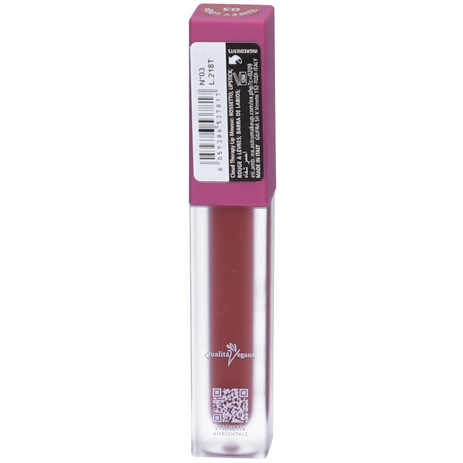Rossetto in tubetto trasparente con tappo bordeaux. Numero 03.
