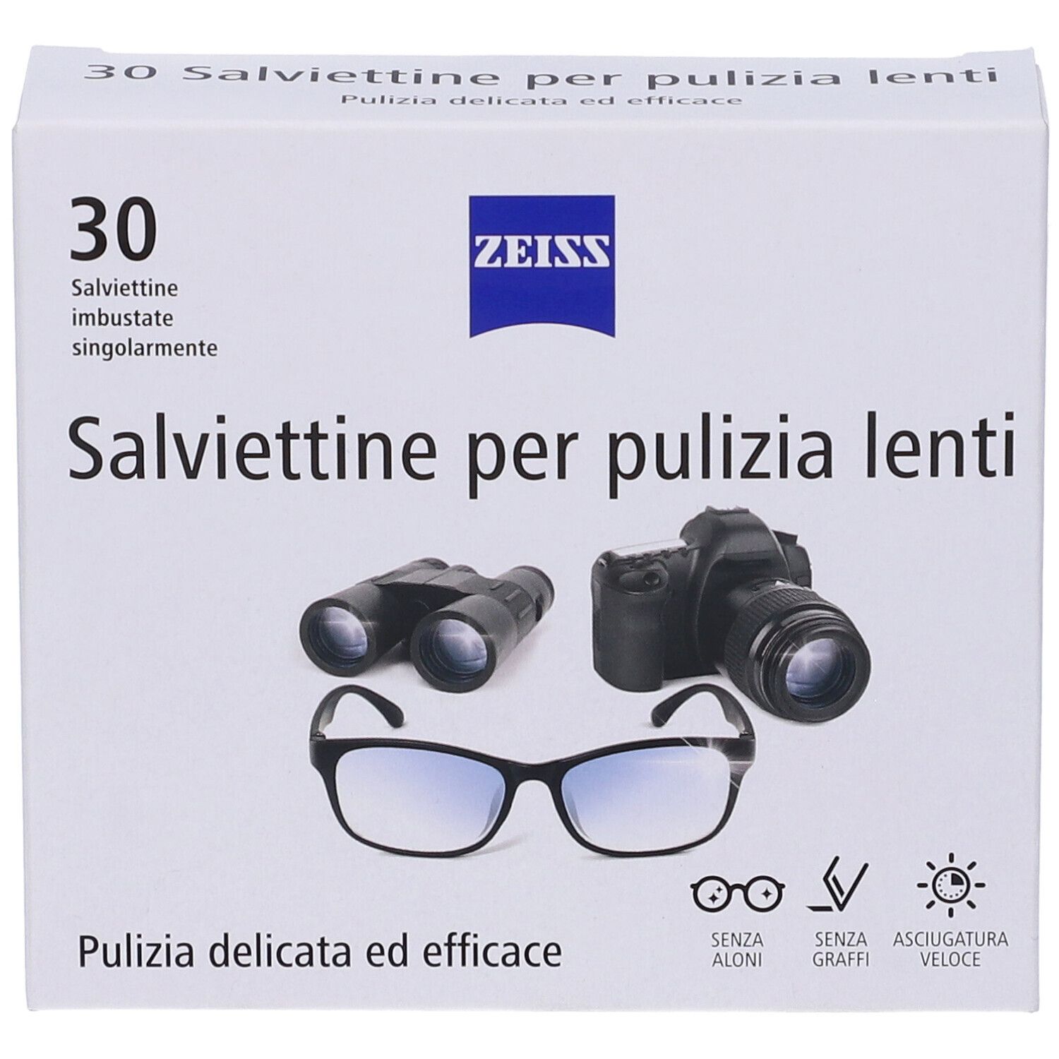Confezione da 30 salviettine Zeiss per lenti, mostra occhiali, binocolo e fotocamera.