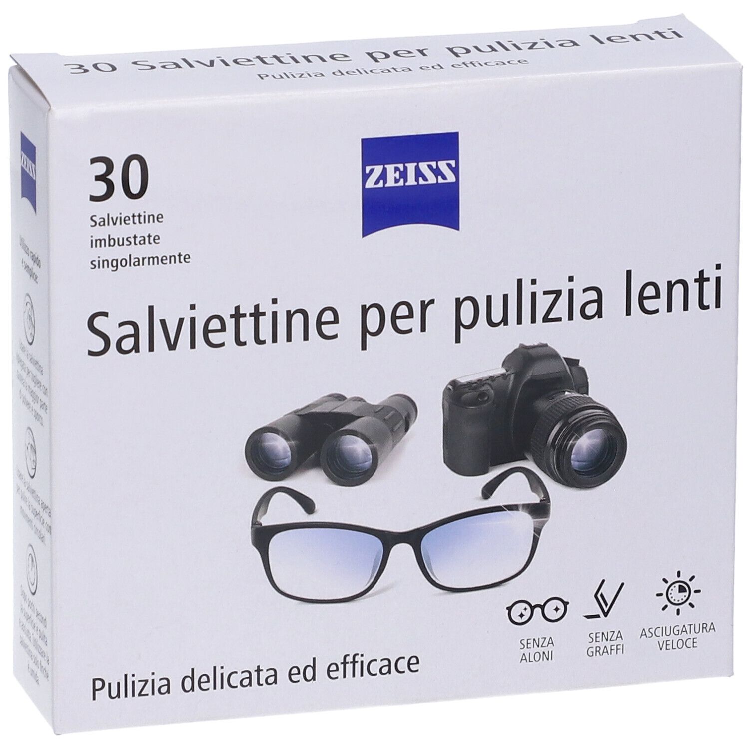 Fronte di una confezione da 30 salviettine Zeiss per lenti, con illustrazioni del prodotto.