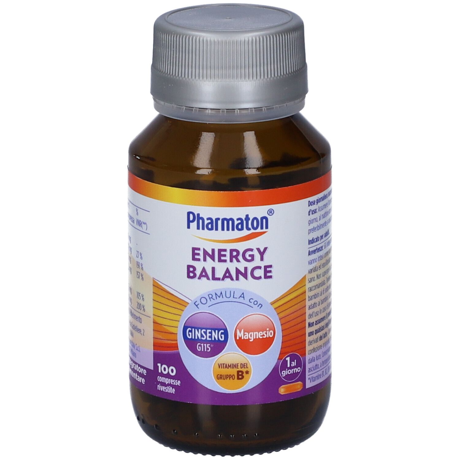 Flacone Pharmaton Energy Balance da 100 compresse. Contiene Ginseng, Magnesio e Vitamine B.