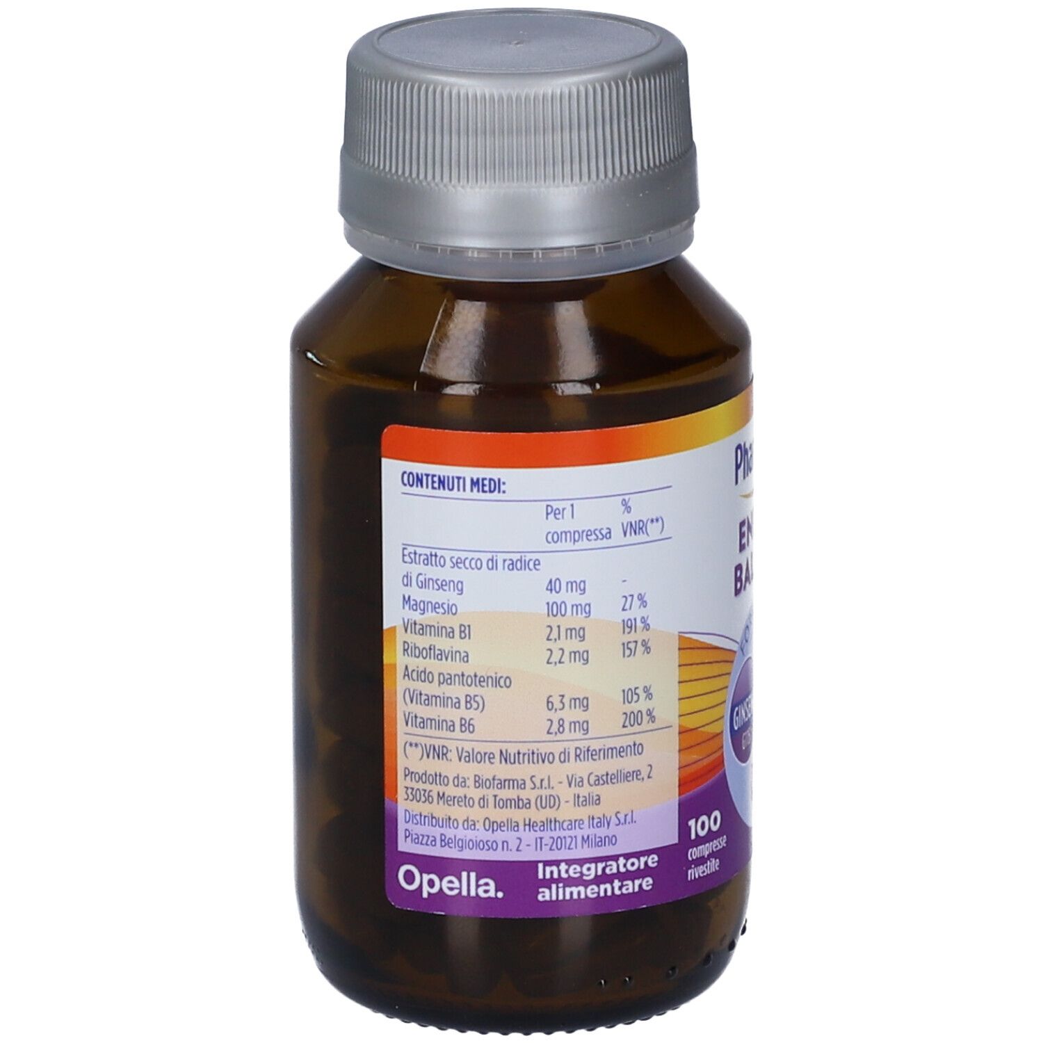 Flacone Pharmaton Energy Balance: Informazioni nutrizionali per compressa con Ginseng, Magnesio, Vitamine B.