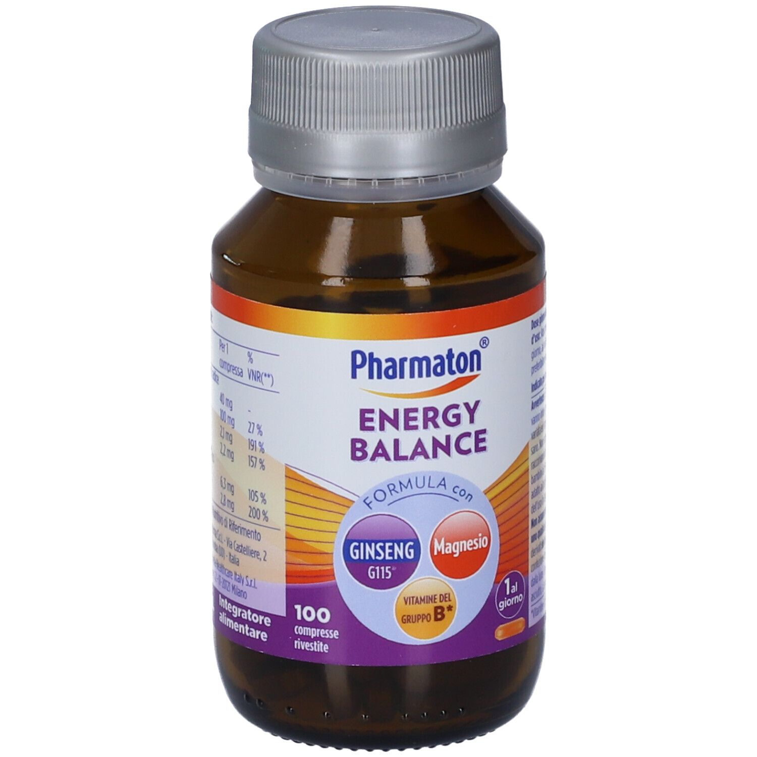 Flacone Pharmaton Energy Balance: Informazioni nutrizionali e ingredienti.