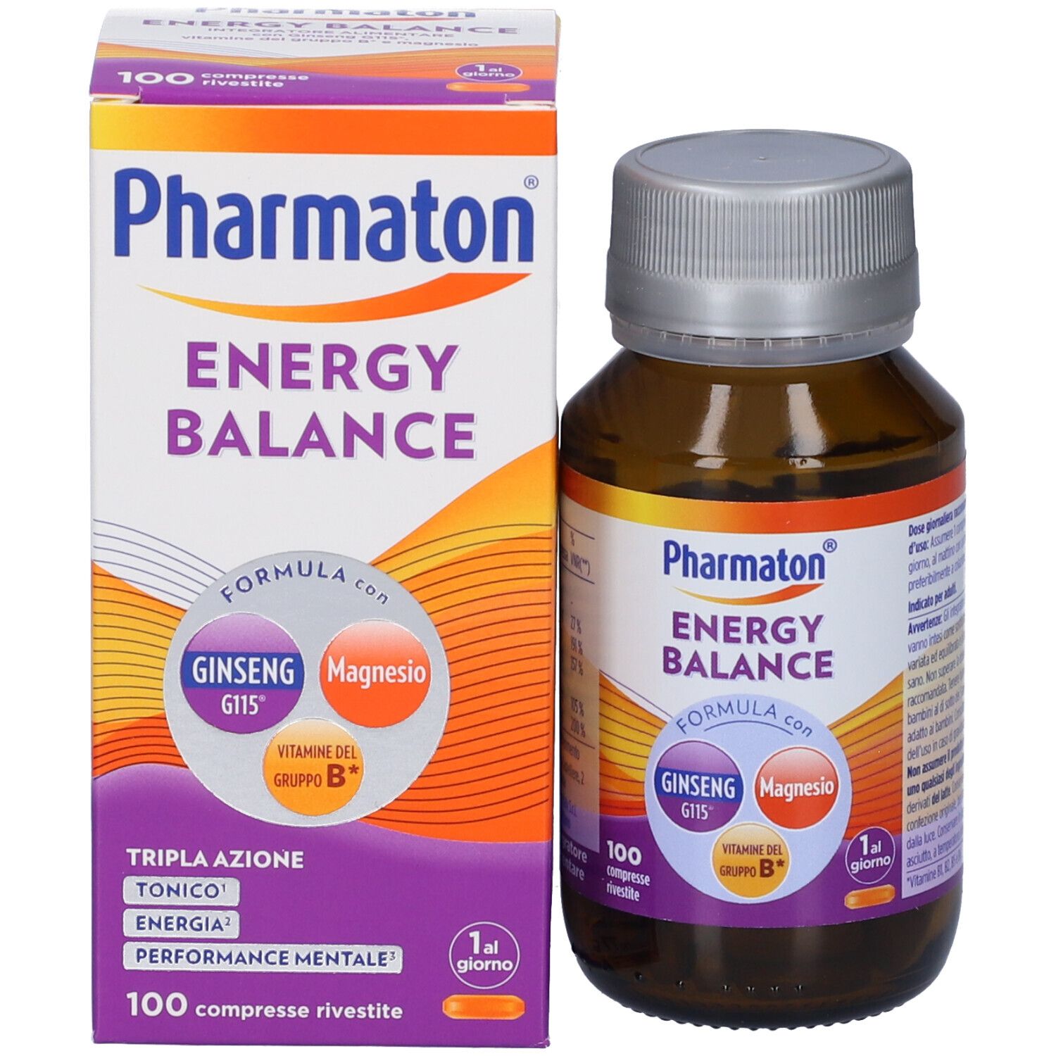 Confezione e flacone Pharmaton Energy Balance con Ginseng, Magnesio e Vitamine B.