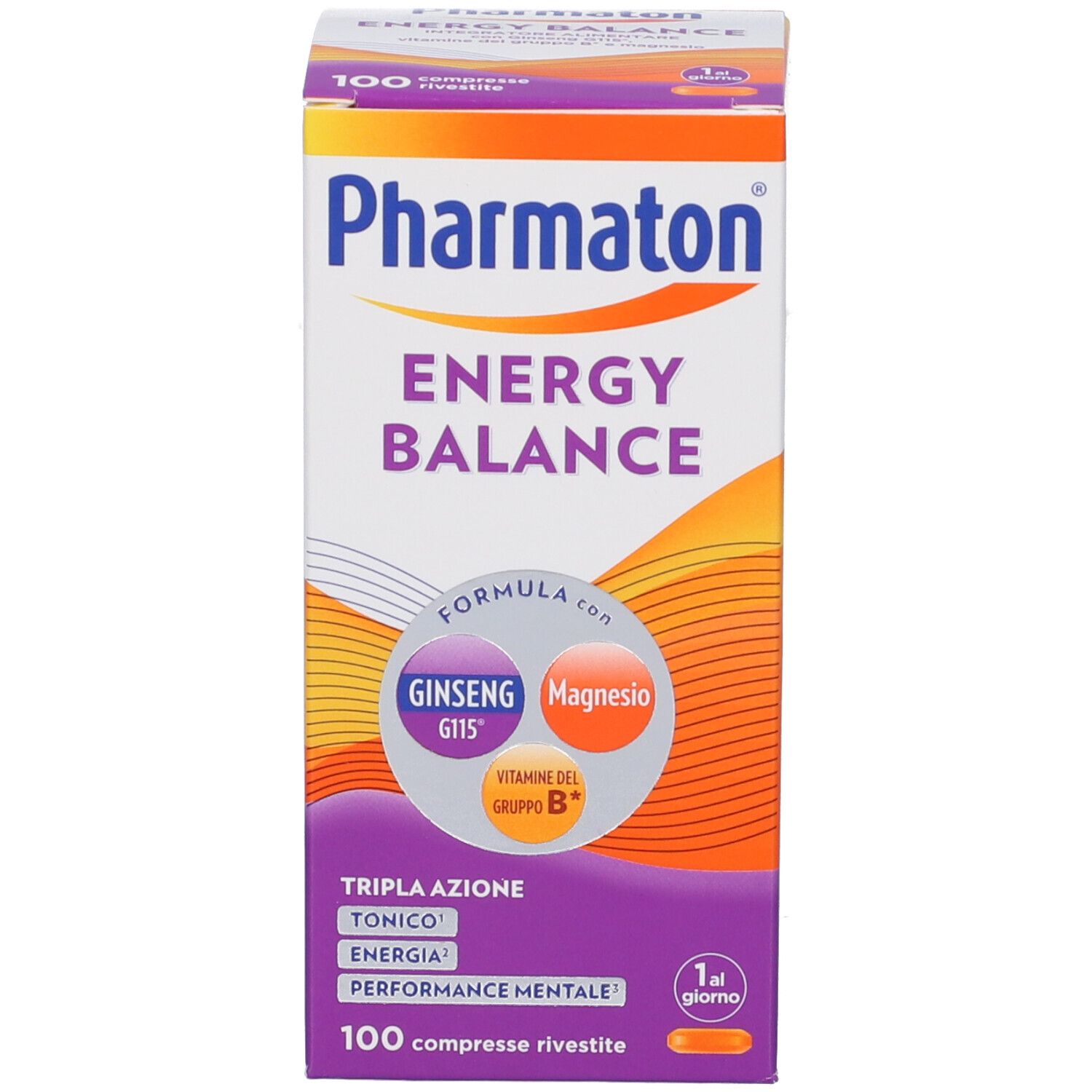 Confezione Pharmaton Energy Balance con informazioni su Ginseng, Magnesio e Vitamine B.
