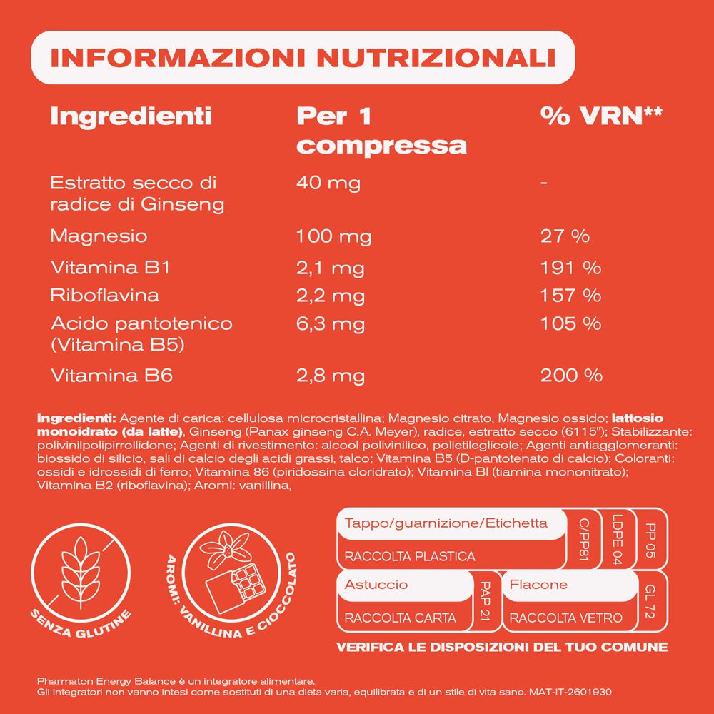 Pharmaton Energy Balance: Informazioni nutrizionali per compressa: Ginseng, Magnesio, Vitamine B.