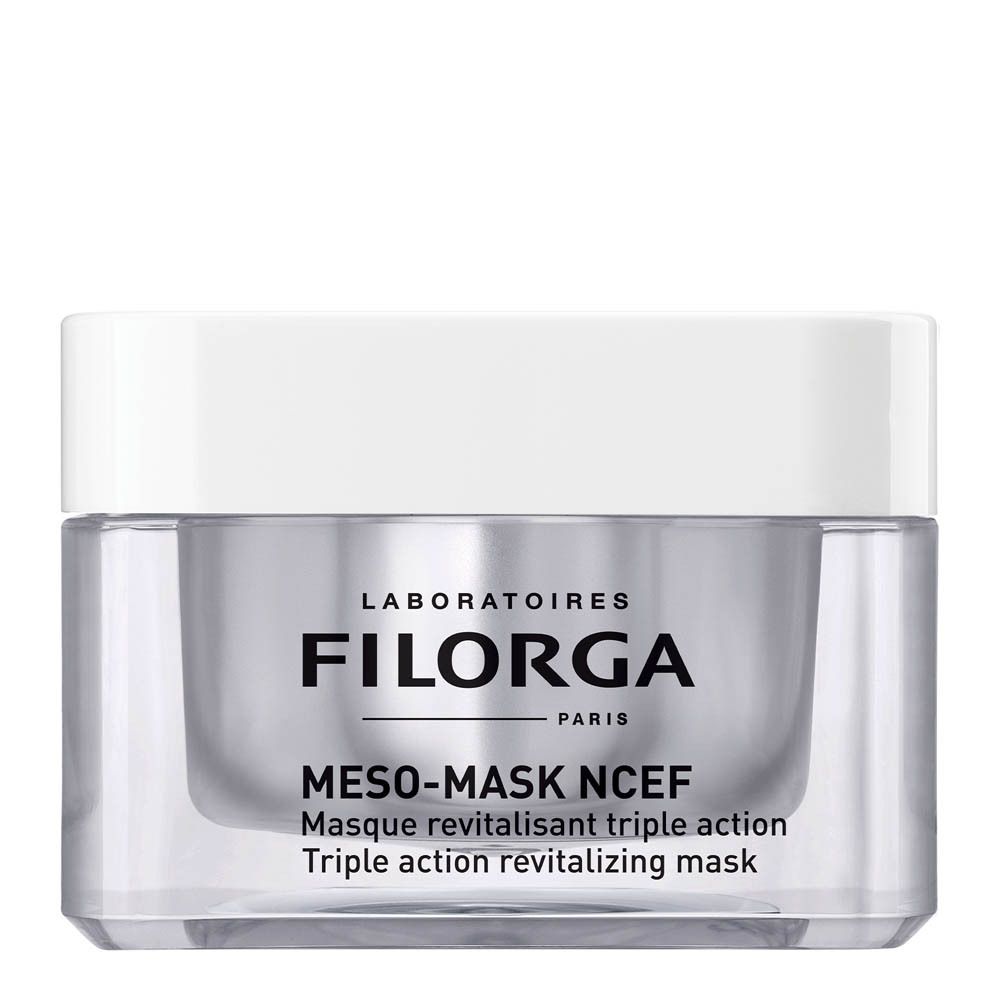 Vaso FILORGA MESO-MASK NCEF. Coperchio bianco, vaso trasparente. Testo: MESO-MASK NCEF, Maschera Rivitalizzante Illuminante.