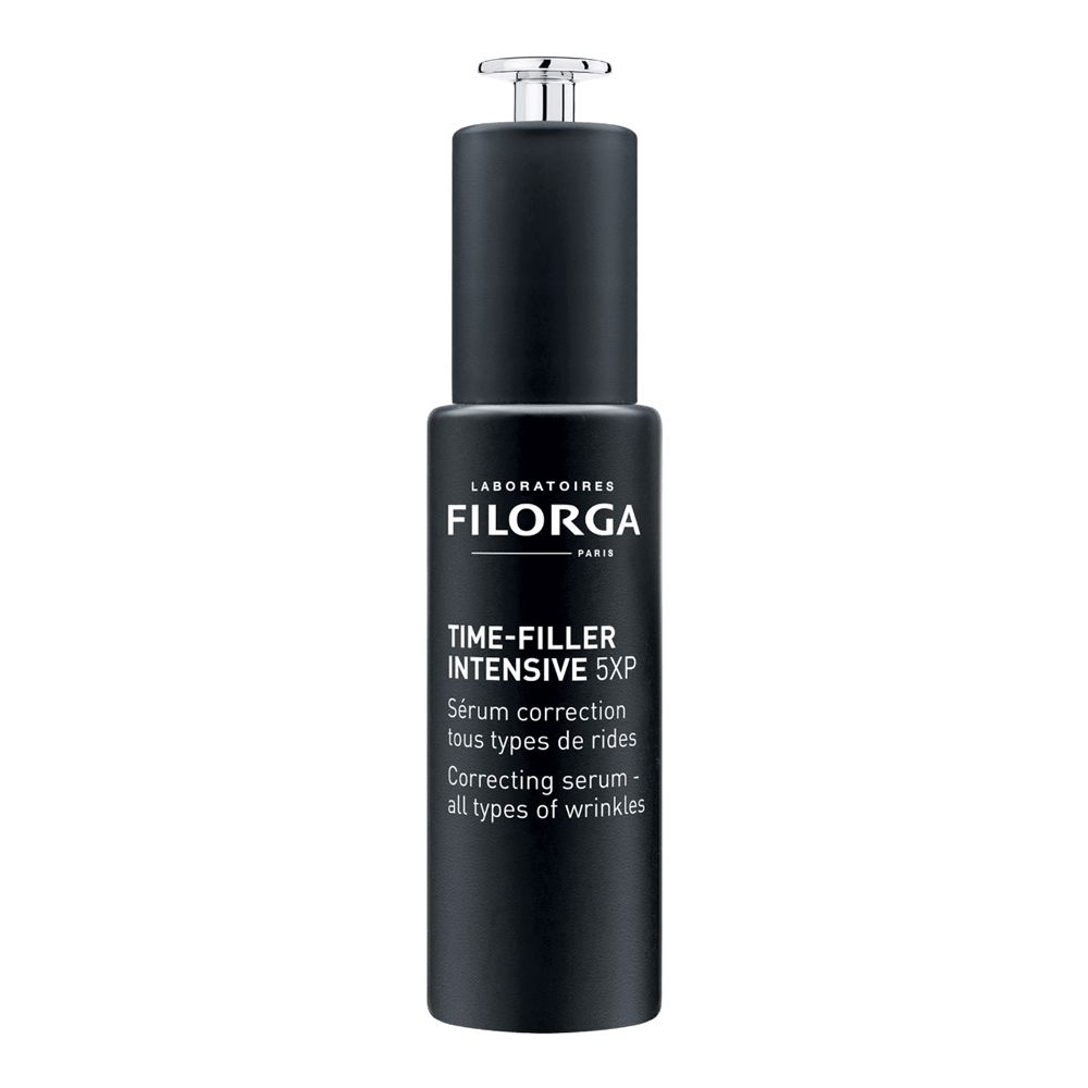 Flacone nero con tappo argentato. Scritta: FILORGA, TIME-FILLER INTENSIVE 5XP, siero correttivo rughe.
