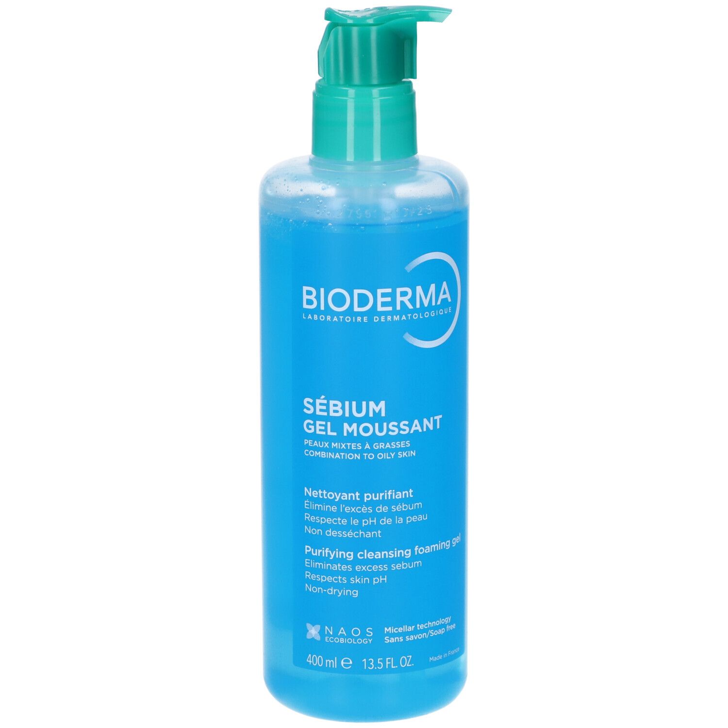Bioderma Sébium Gel Moussant, 400ml, blaue Pumpflasche mit türkisfarbenem Spender.