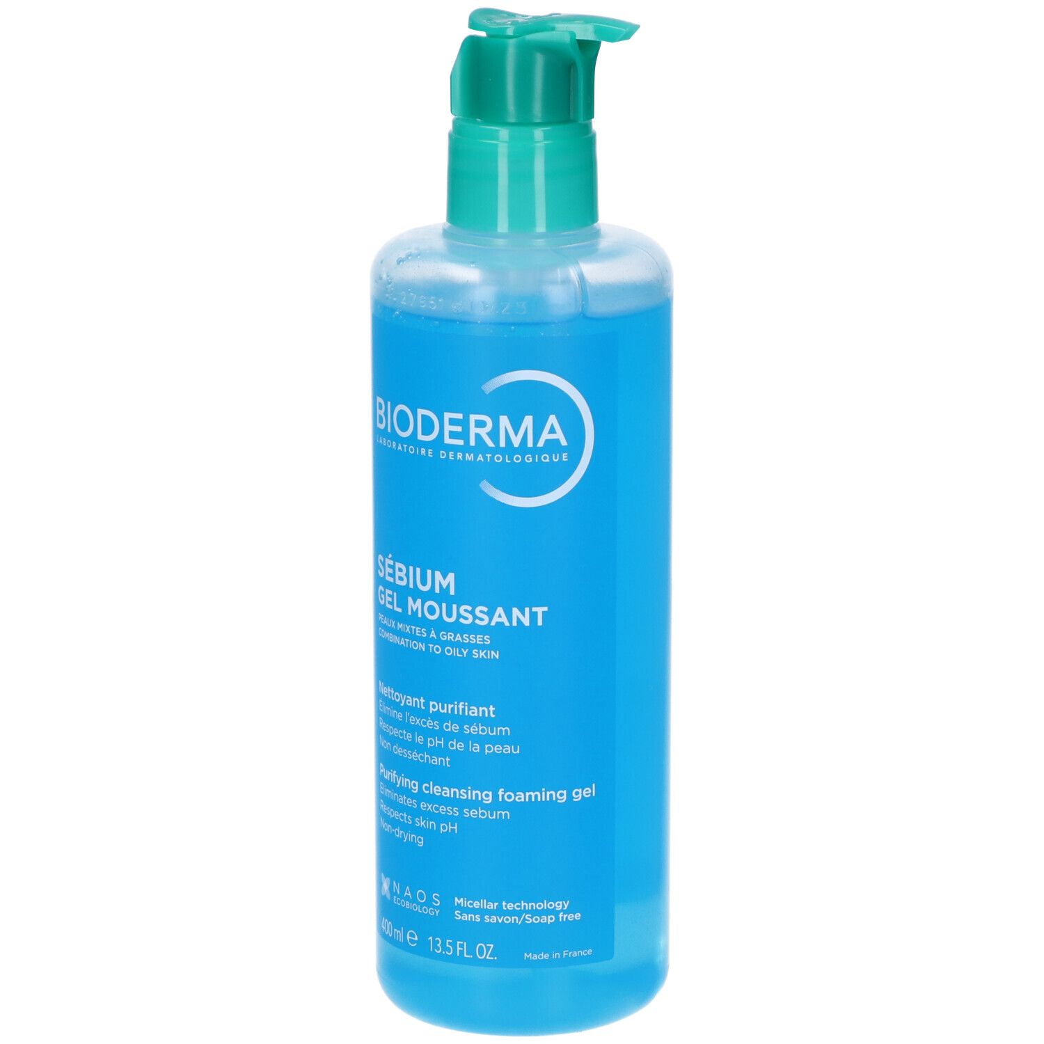 Bioderma Sebium Gel Moussant: Blaue Pumpflasche mit türkisfarbenem Spender. Reinigendes Schaumgel für unreine Haut.