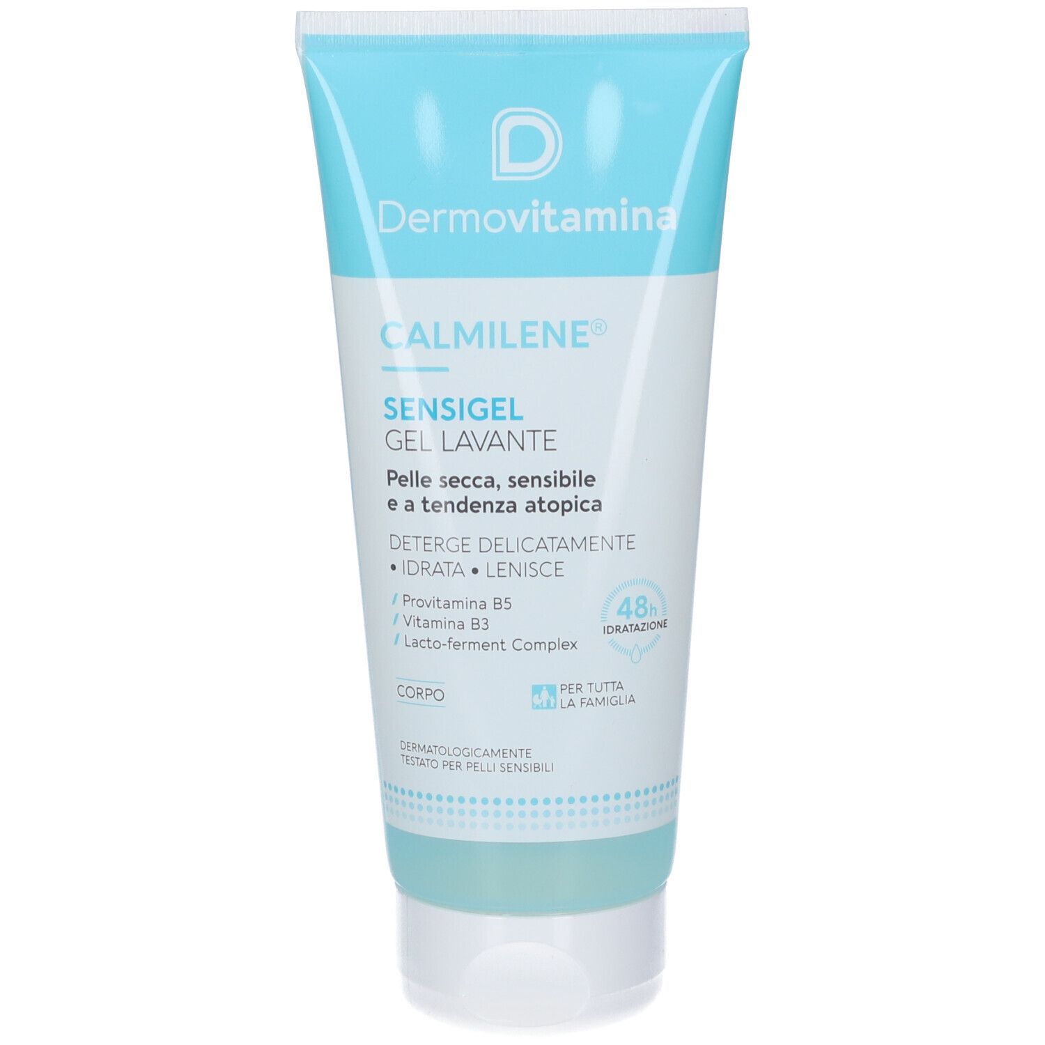 Tube mit Produktaufschrift Dermovitamina Calmilene Sensigel Gel Lavante. Hellblau-weißes Design. Text: Sensigel, für empfindliche Haut.