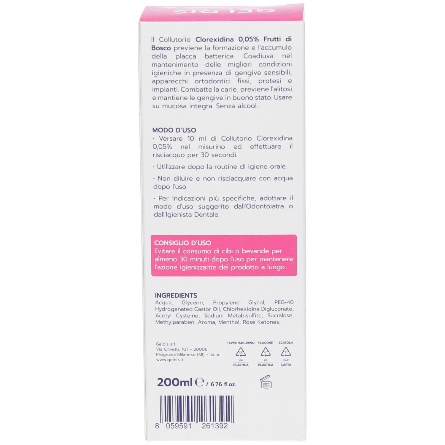 Geldis Collutorio Gusto Frutti di Bosco Clorexidina 0,05% 200 ml