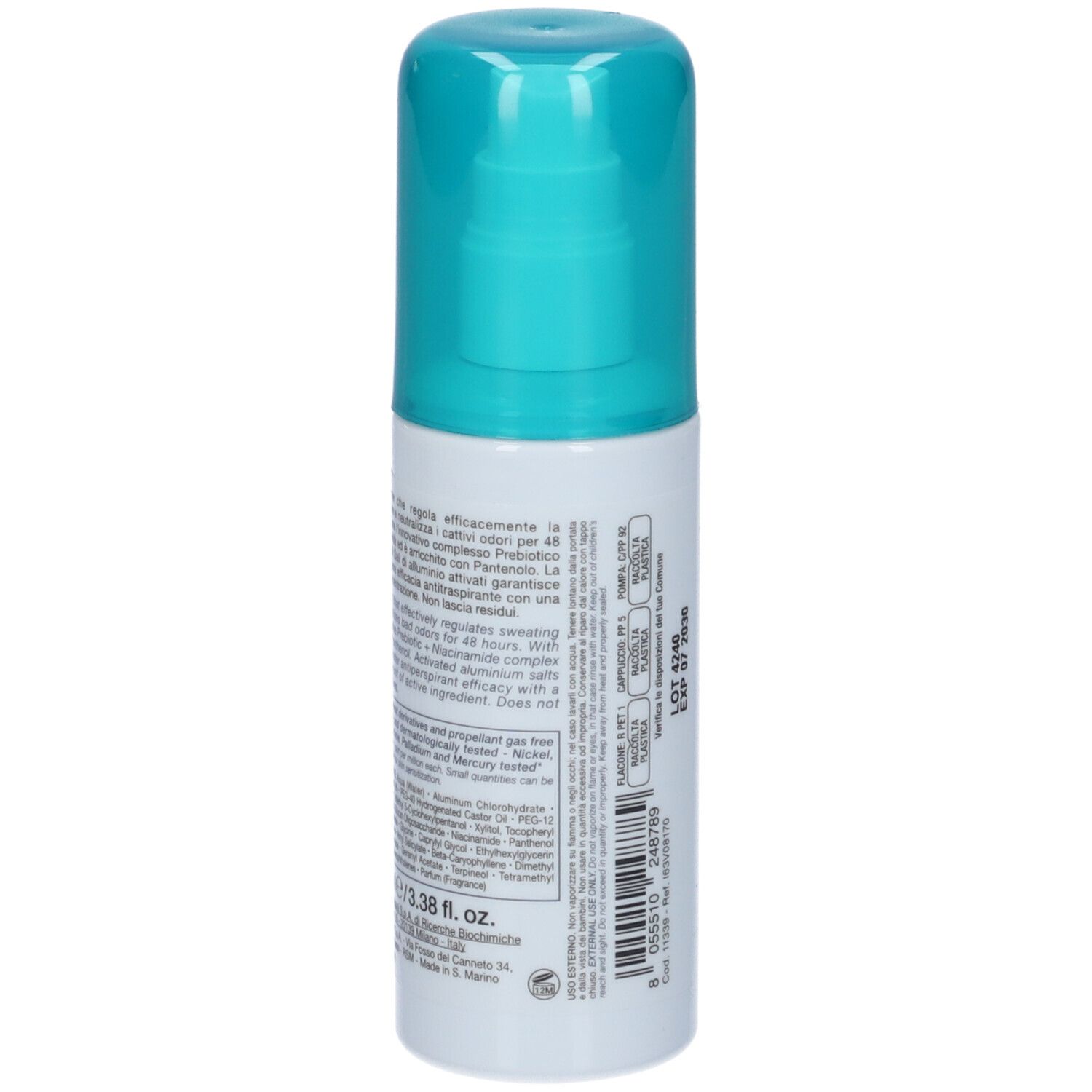 Weiße Sprühflasche mit türkisfarbenem Pumpspender und Verschluss. Enthält Text und Barcode.