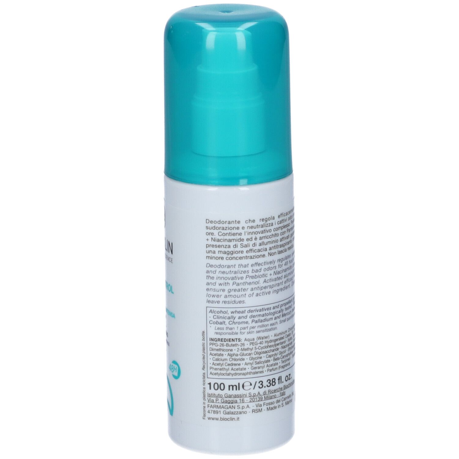 Weiße Sprühflasche mit türkisfarbenem Pumpspender und Verschluss. Enthält 100 ml.