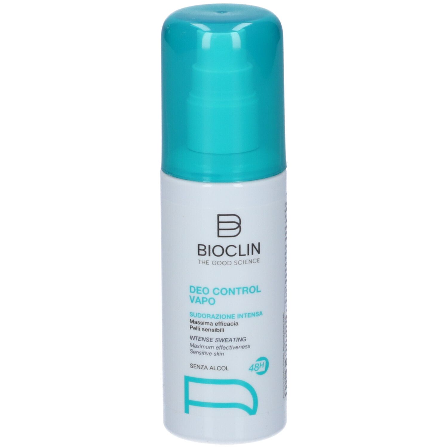 Bioclin Deo Control Vapo Spray mit türkisfarbenem Verschluss. Weiße Flasche mit blauer Schrift.