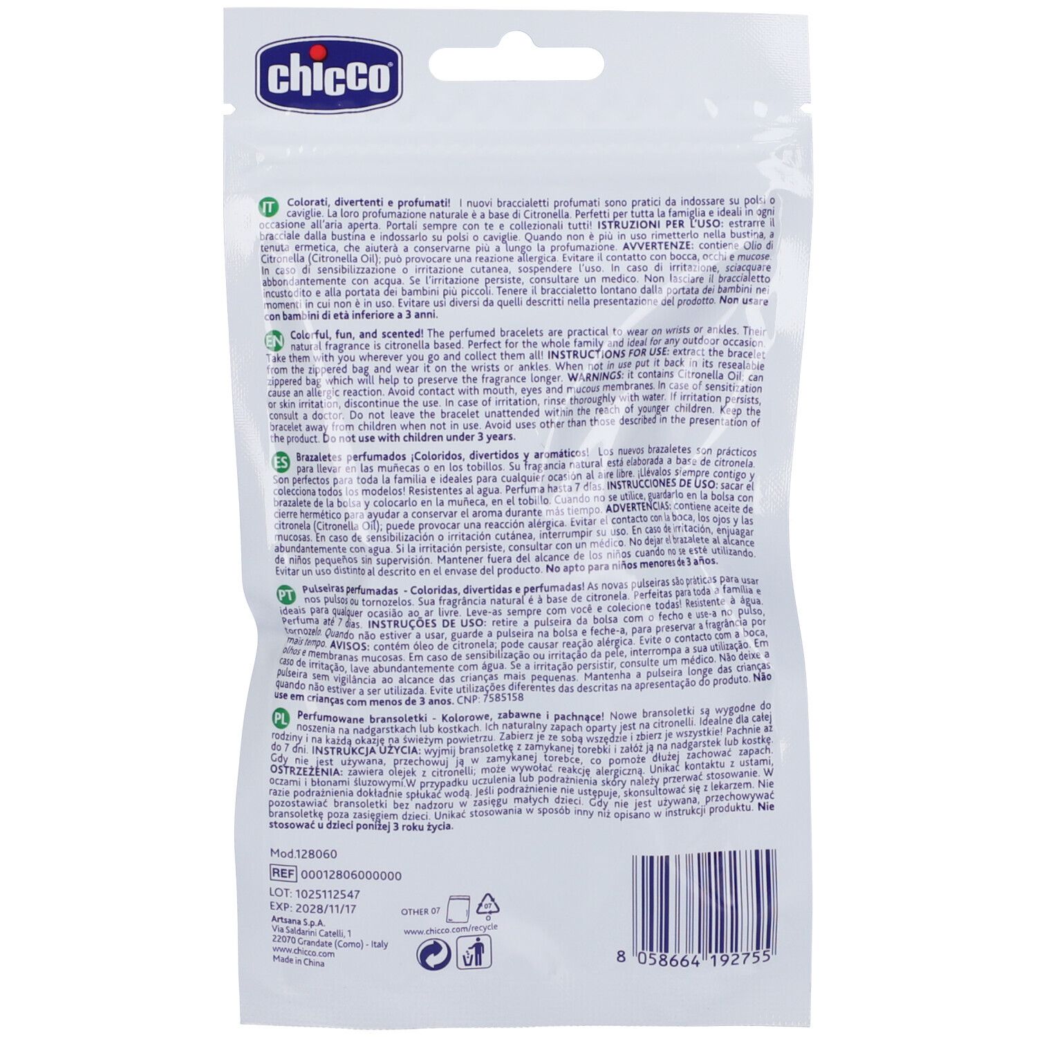 Verpackung mit Chicco-Duftarmbändern, mehrsprachige Produktinformationen.