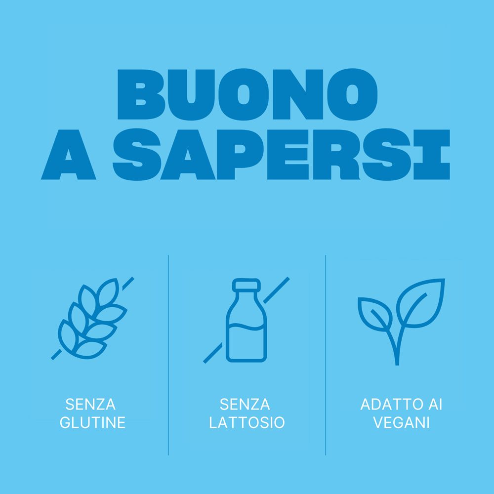 Simboli per 'Senza Glutine', 'Senza Lattosio' e 'Adatto ai Vegani'.