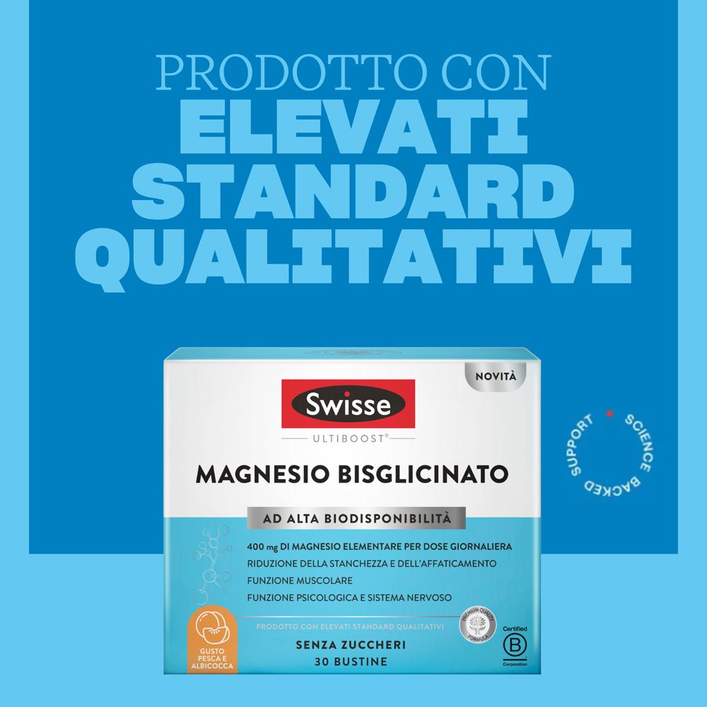 Confezione Swisse Magnesio Bisglicinato con certificazioni di elevati standard qualitativi.