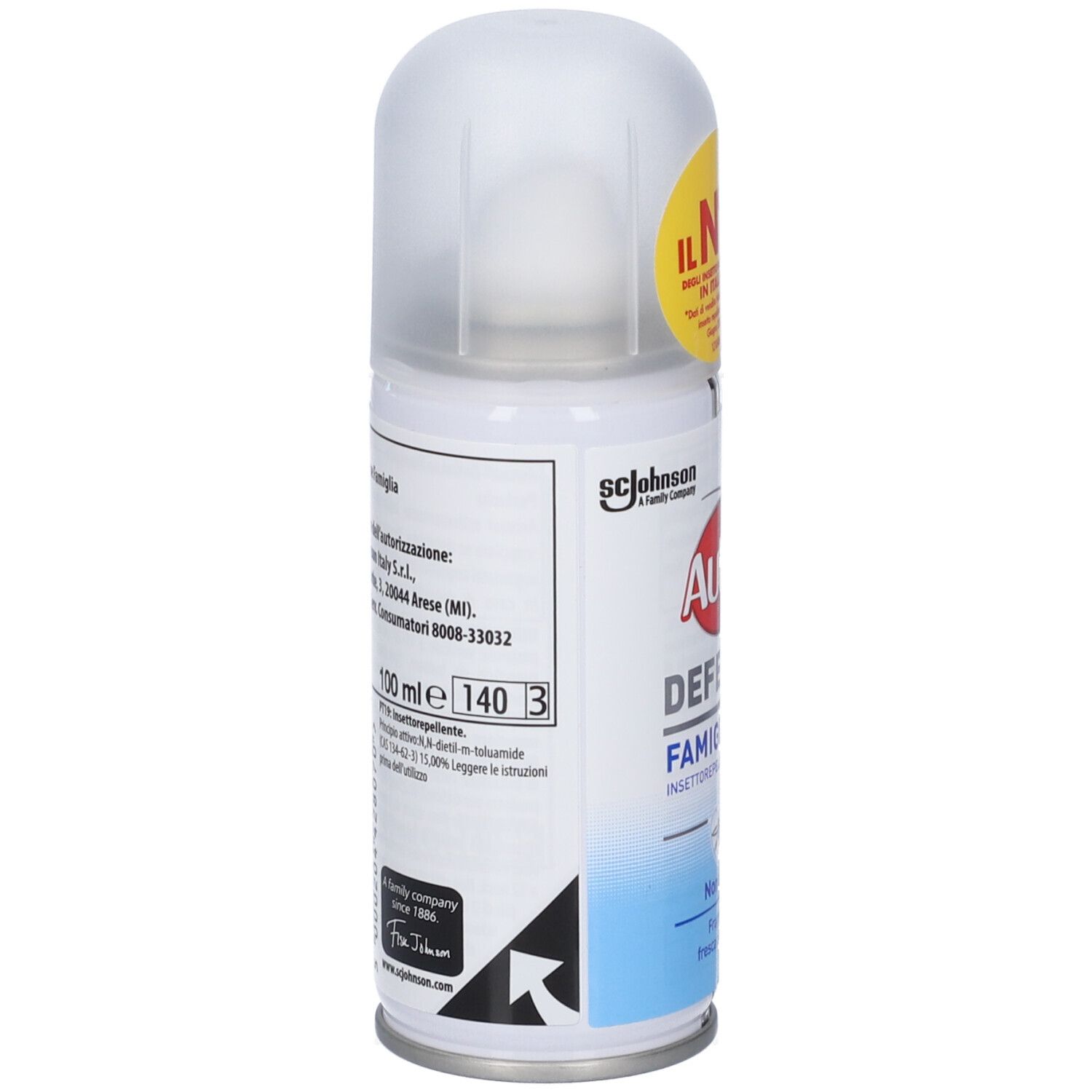 Rückseite der Autan Defense Famiglia Spraydose. Enthält 100 ml. Informationen zur Herstellung und Inhaltsstoffe.