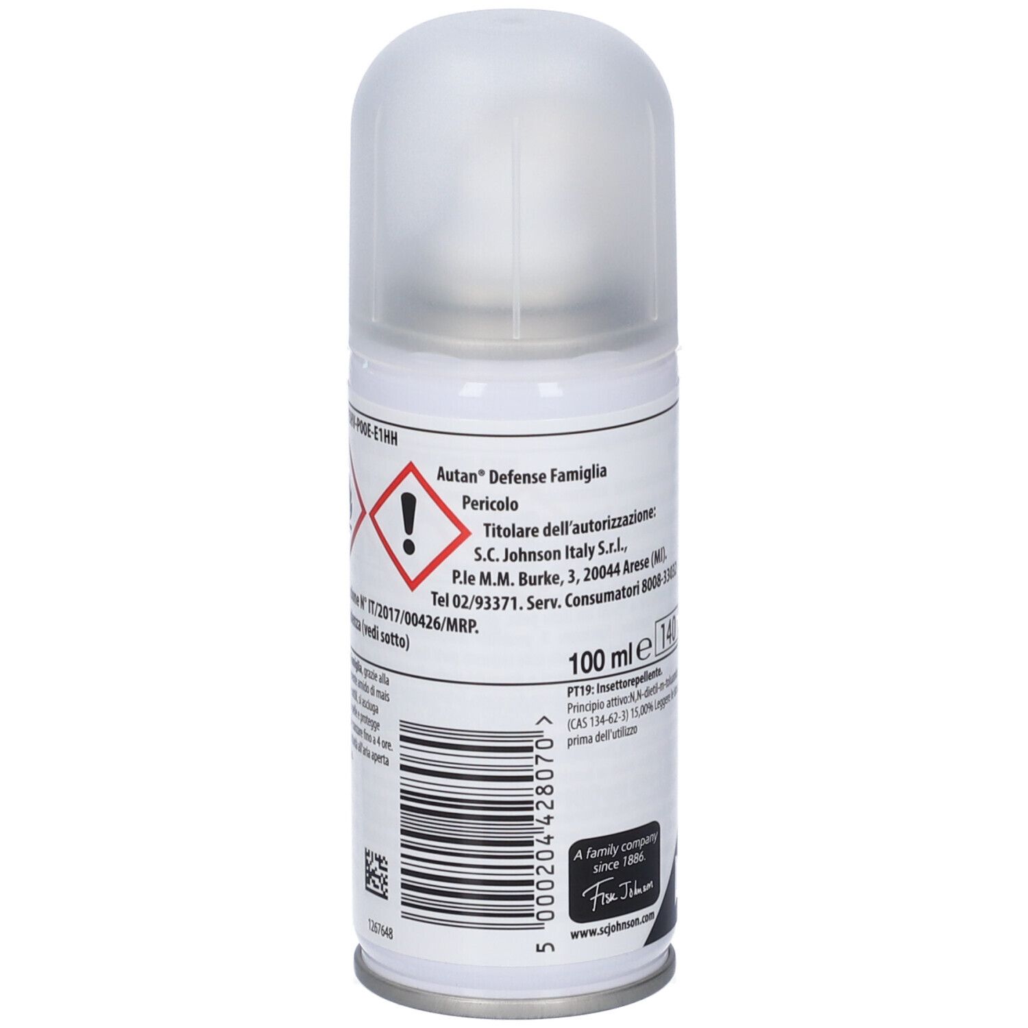 Seite der Autan Defense Famiglia Spraydose. Gefahrensymbole und Zulassungsinformationen. Barcode.