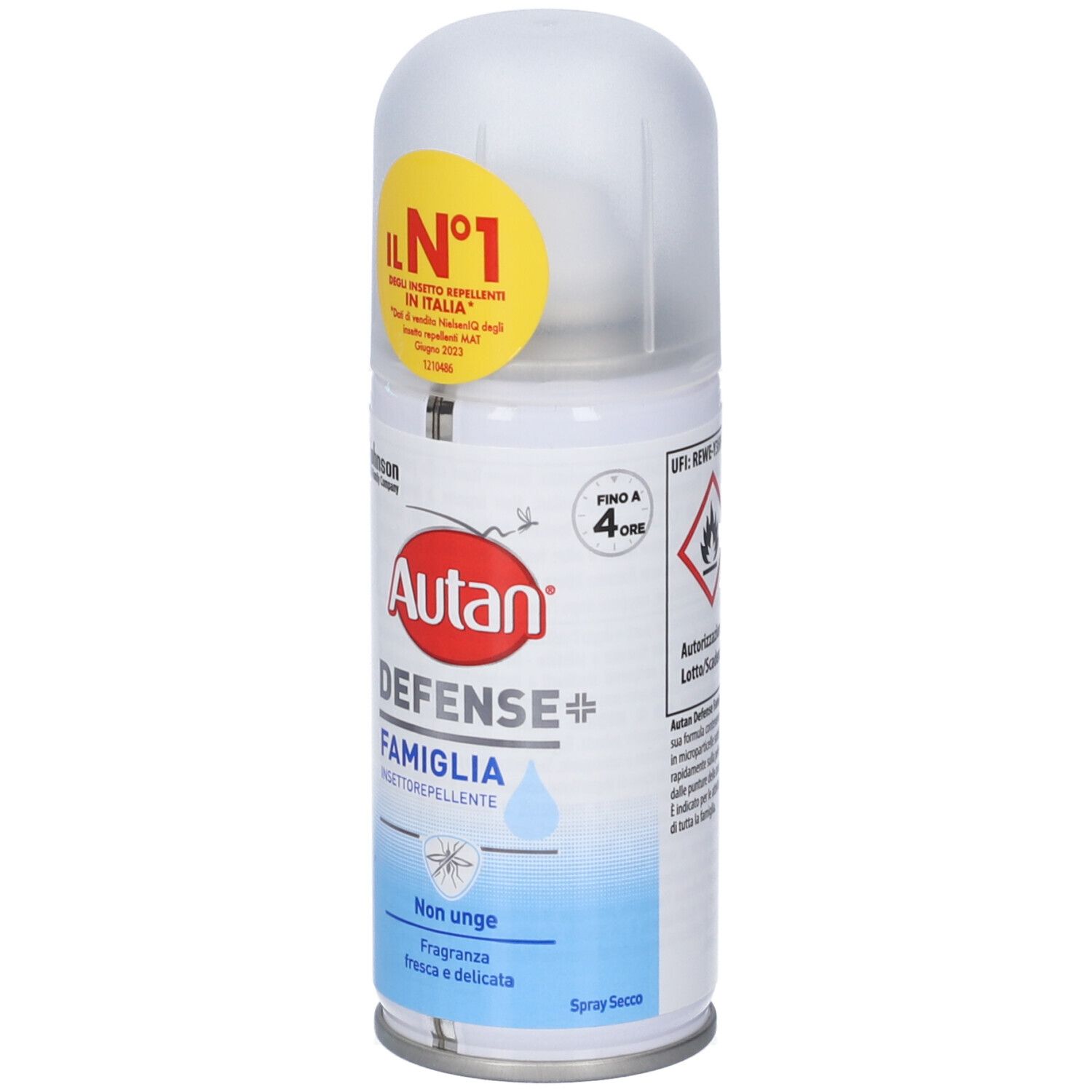 Autan Defense Famiglia Spray. Schutz bis zu 4 Stunden. Gefahrensymbole und Zulassungsinformationen.